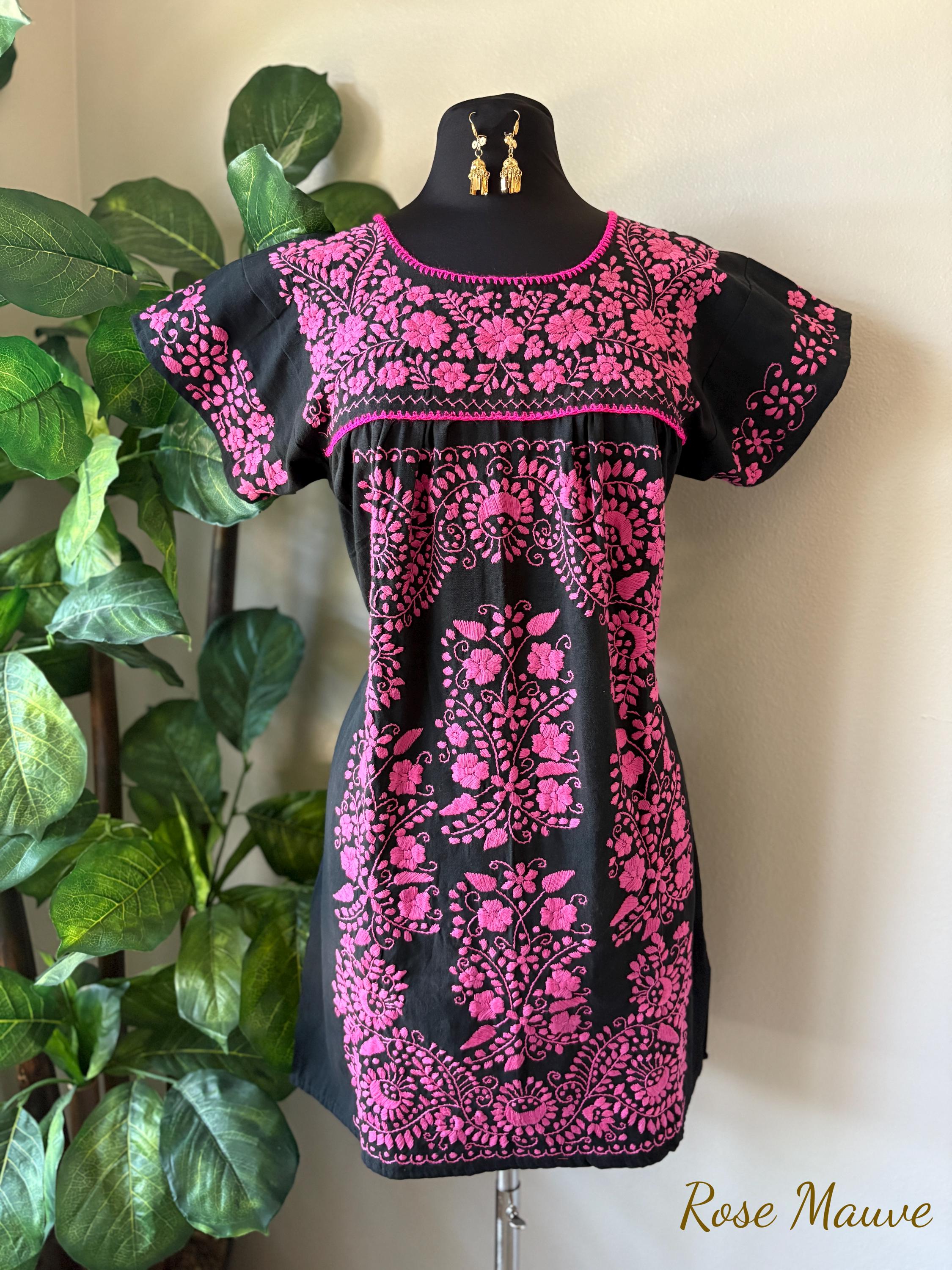 Image of Handmade Embroidered Tehuacán Mexican Dress: Artisan Boho Mini Dress