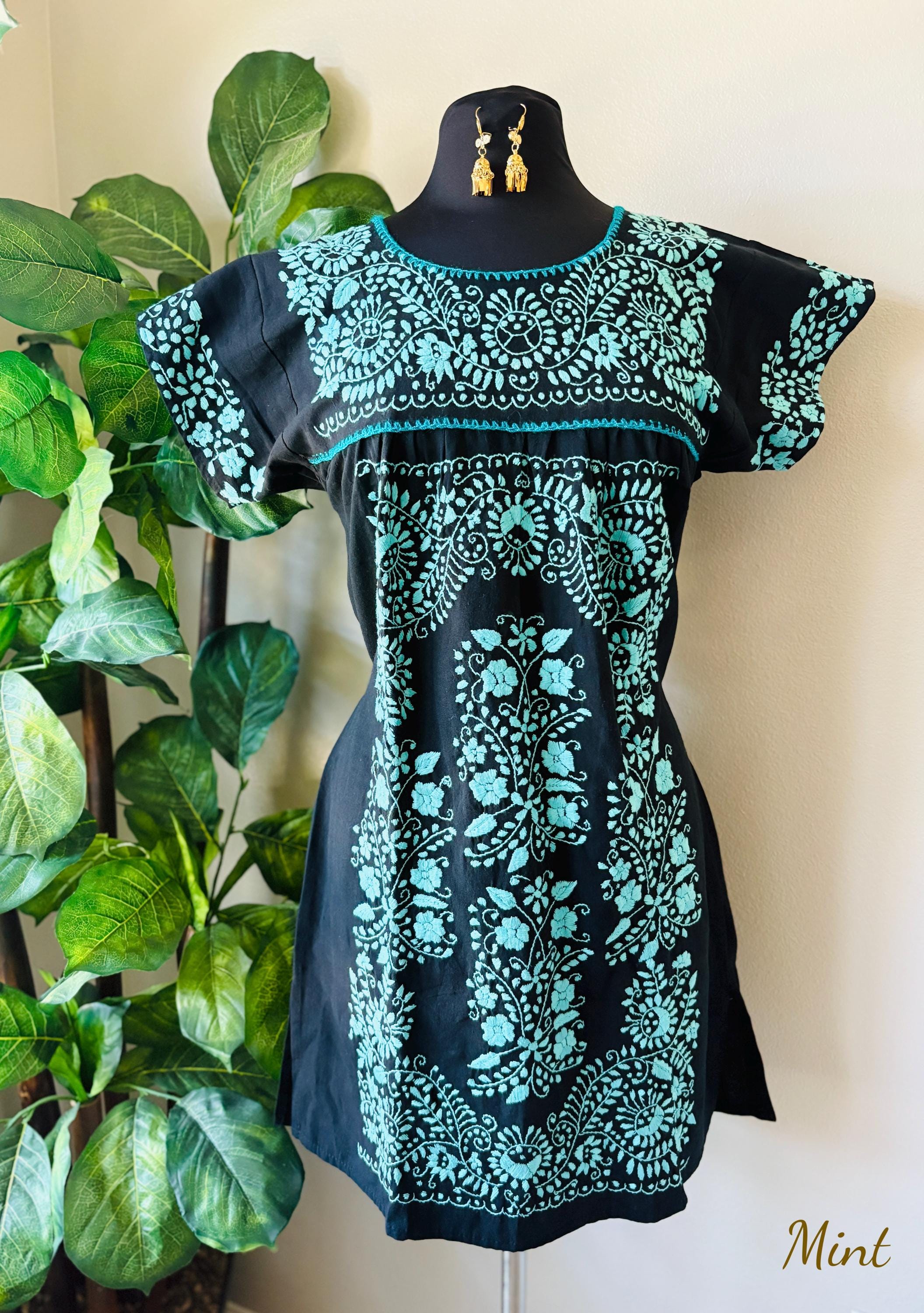 Image of Handmade Embroidered Tehuacán Mexican Dress: Artisan Boho Mini Dress