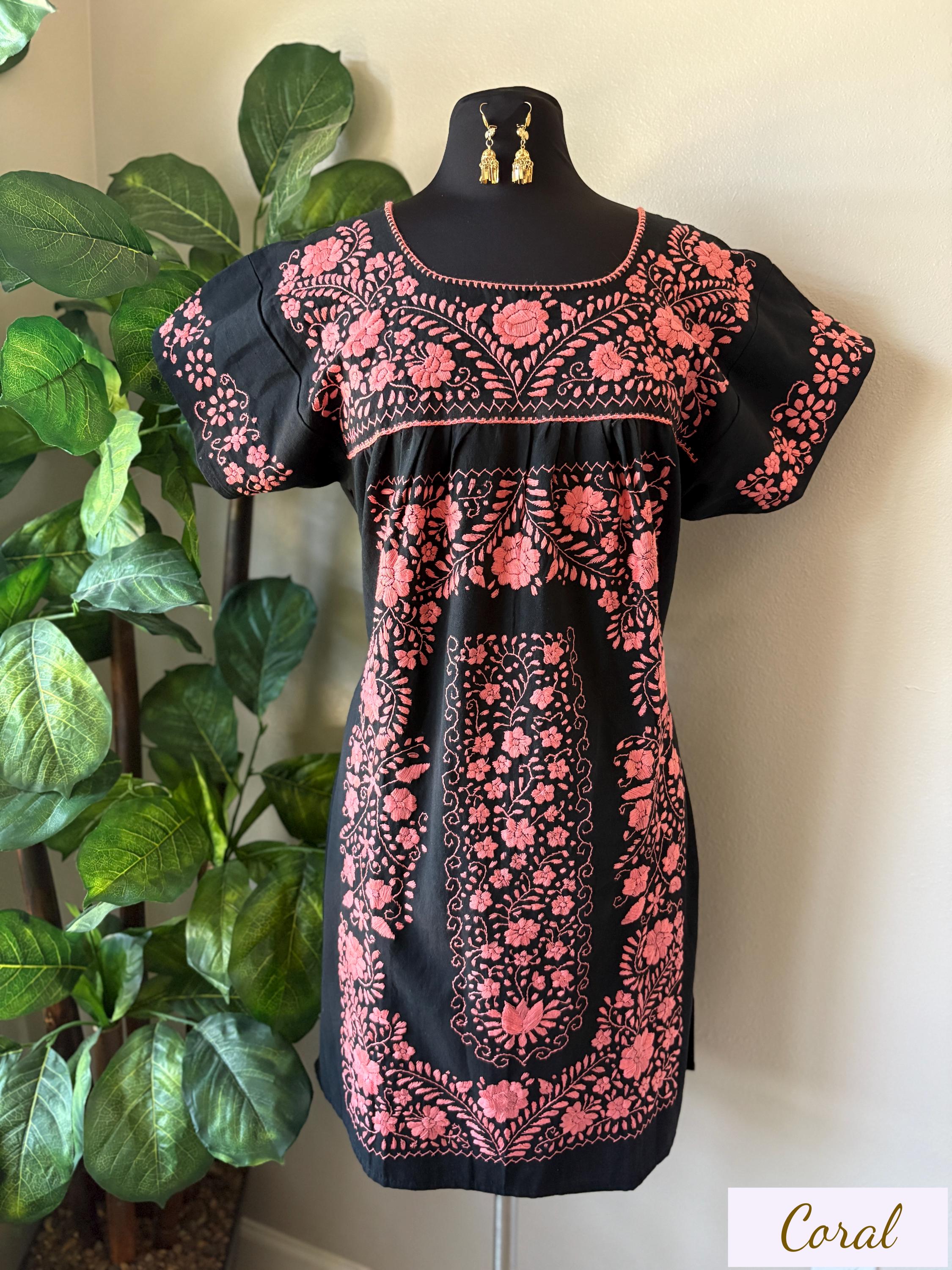 Handmade Embroidered Tehuacán Mexican Dress: Artisan Boho Mini Dress