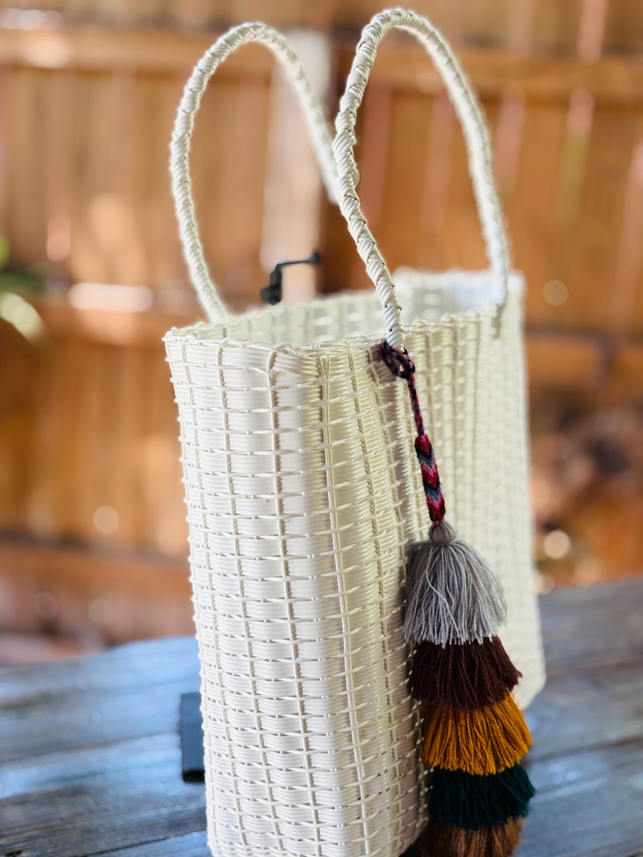 Image of White Handwoven Recycled Plastic Bag - Artisan Made Bag from Chiapas, Mexico - Great as a Groceries, Beach, Birthday Gift Bag