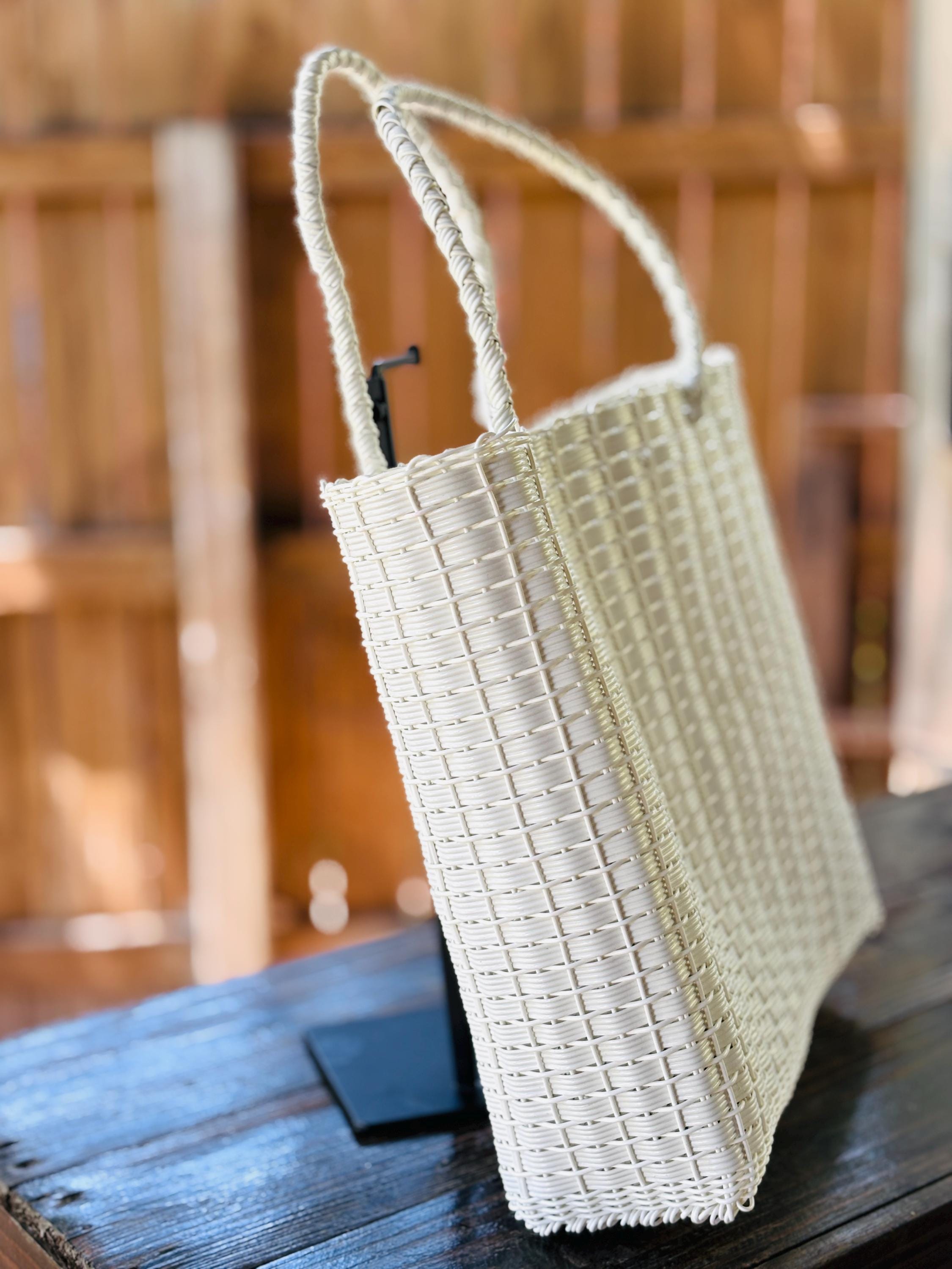 Image of White Handwoven Recycled Plastic Bag - Artisan Made Bag from Chiapas, Mexico - Great as a Groceries, Beach, Birthday Gift Bag