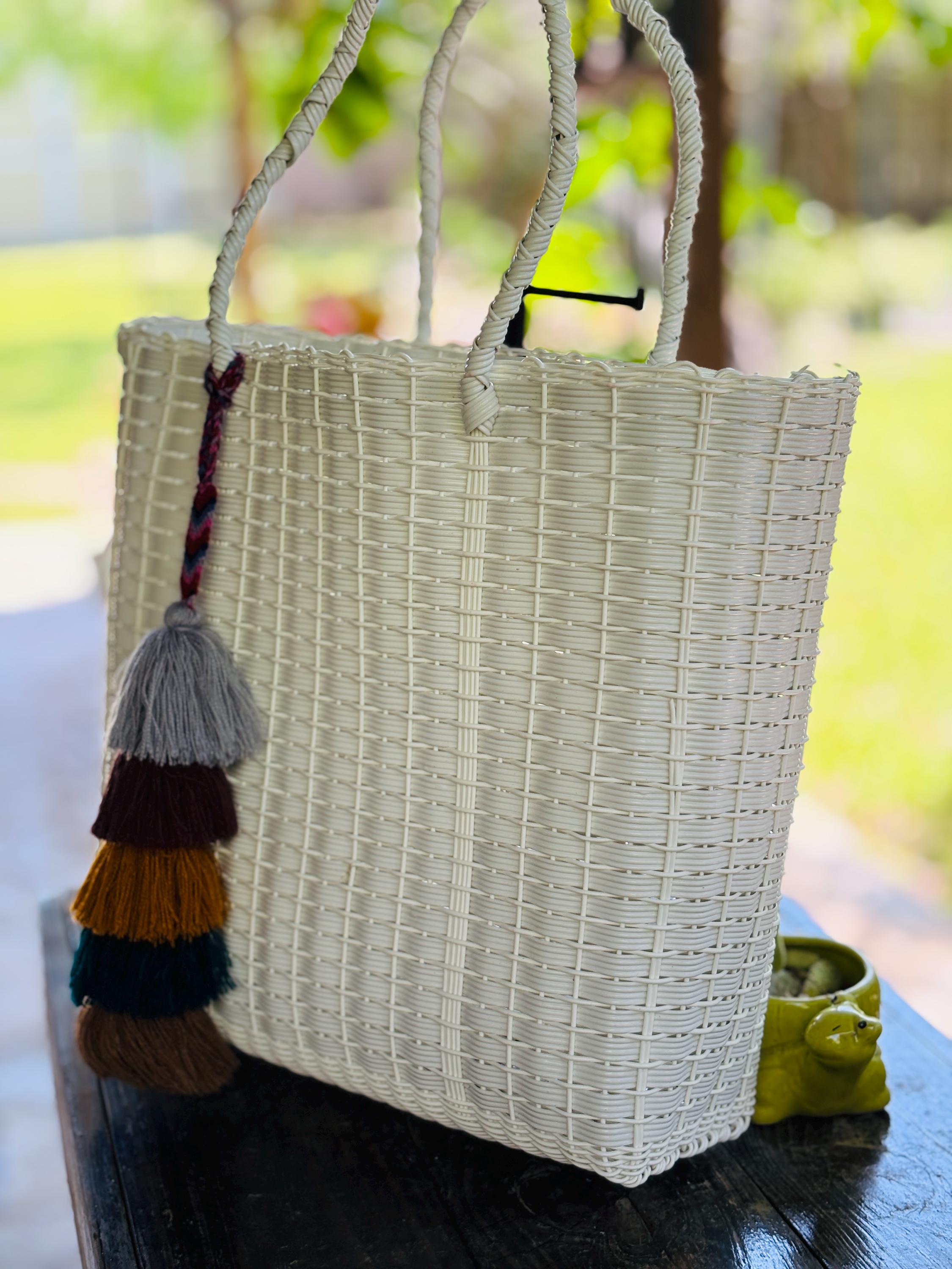 White Handwoven Recycled Plastic Bag - Artisan Made Bag from Chiapas, Mexico - Great as a Groceries, Beach, Birthday Gift Bag