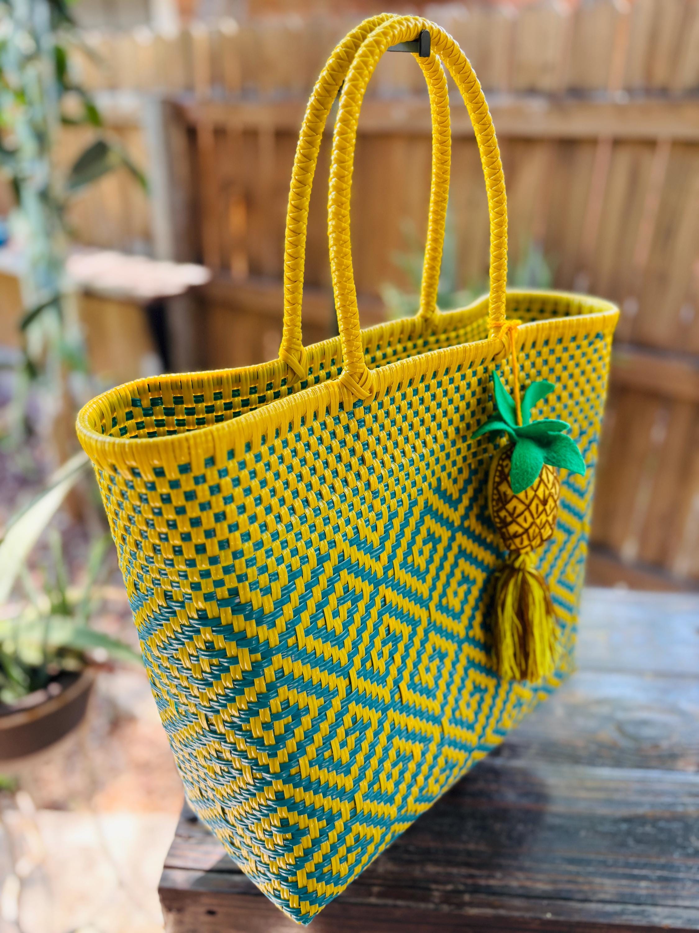 Handwoven Recycled Plastic Bag: Mexican Artisan Beach Tote with Pineapple Tassel