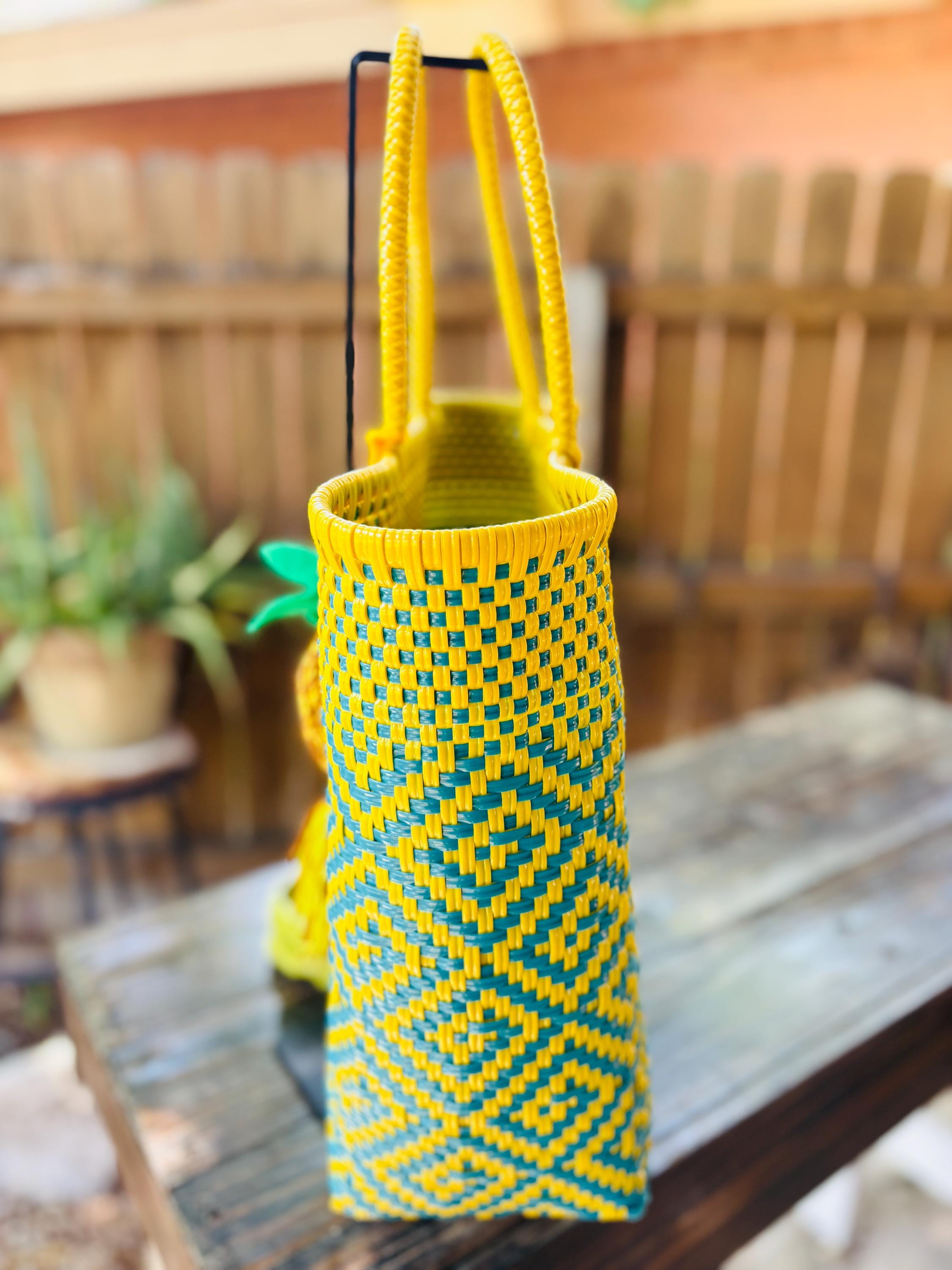 Handwoven Recycled Plastic Bag: Mexican Artisan Beach Tote with Pineapple Tassel