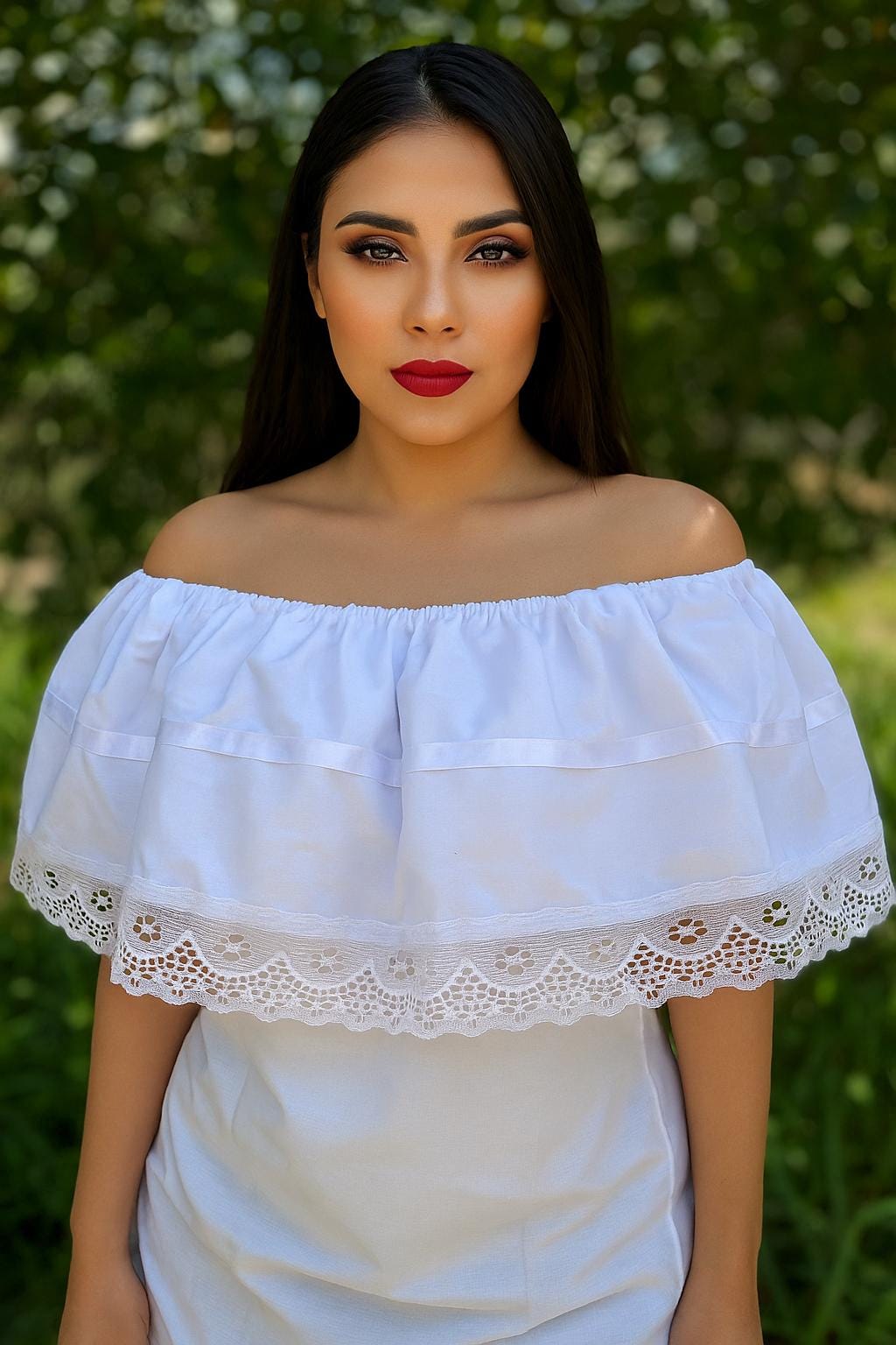 White Peasant Blouse - with satin white ribbon & white lace