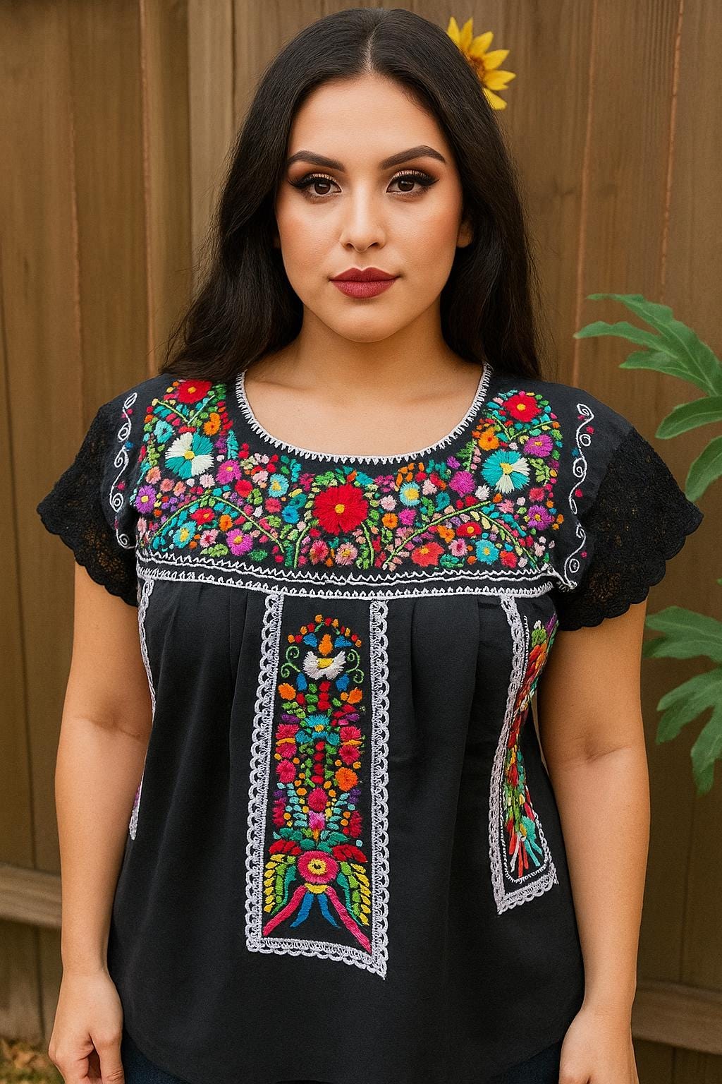 Image of Precious “Linda” Black Hand Embroidered with EXTRA Embroidered areas 