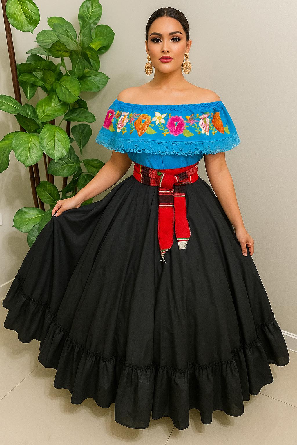 Image of Mexican Folklorico Dance Costume - Elena Outfit for Cinco de Mayo Celebration - Handmade Women's Outfit