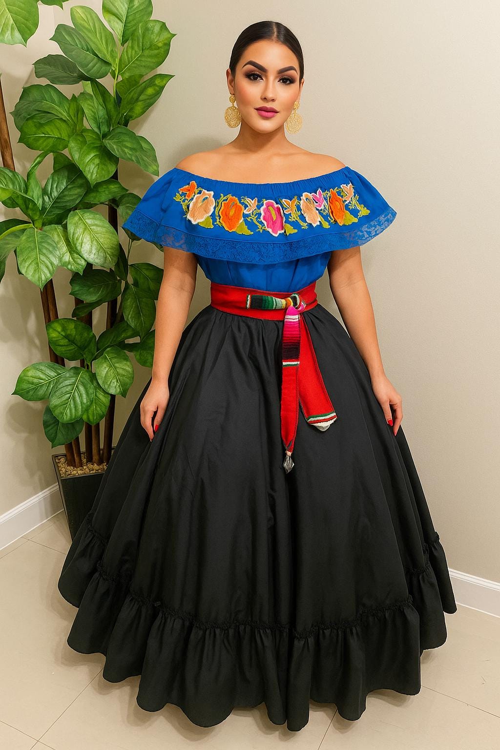 Image of Mexican Folklorico Dance Costume - Elena Outfit for Cinco de Mayo Celebration - Handmade Women's Outfit