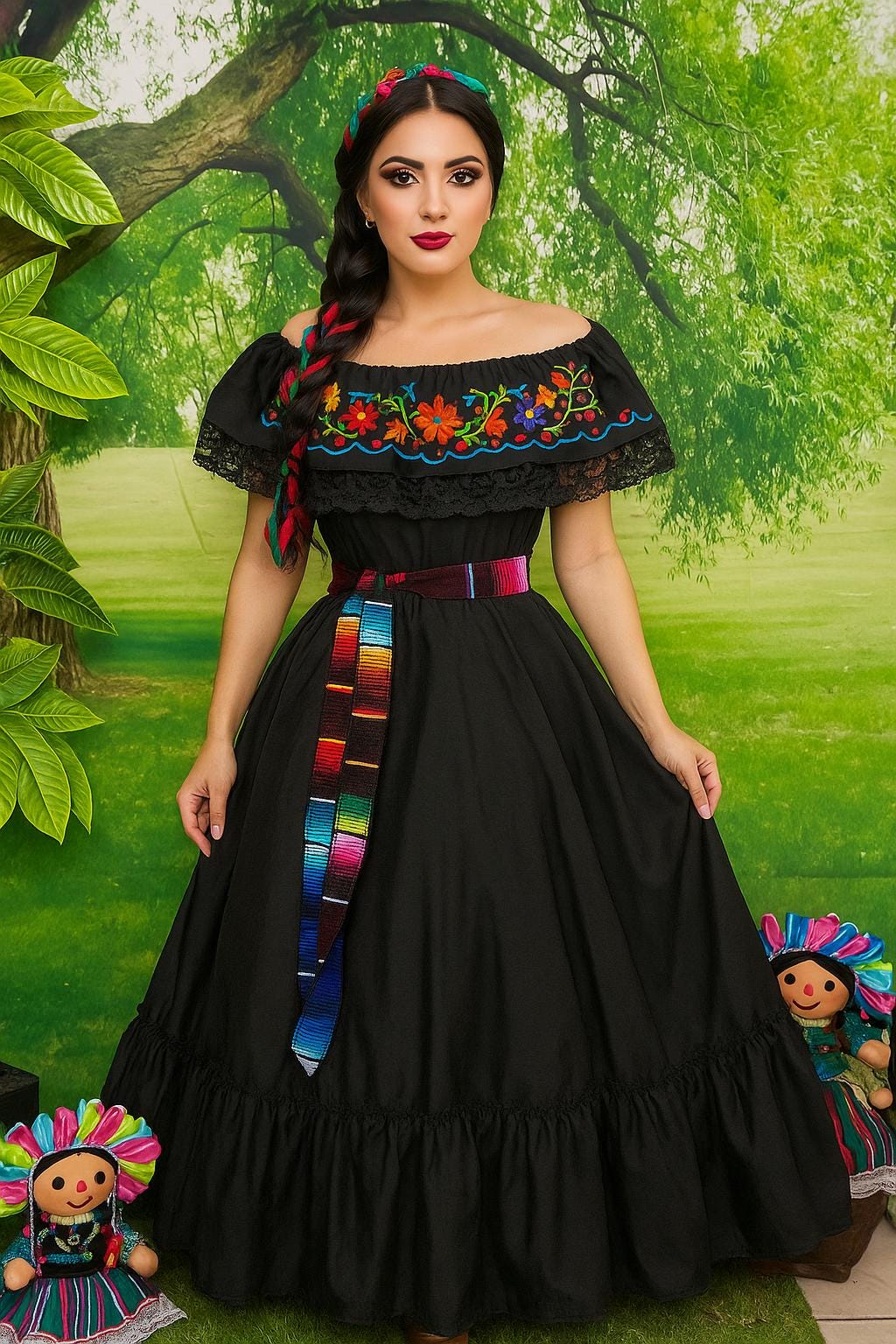 Image of Mexican Folklorico Dance Costume - Elena Outfit for Cinco de Mayo Celebration - Handmade Women's Outfit