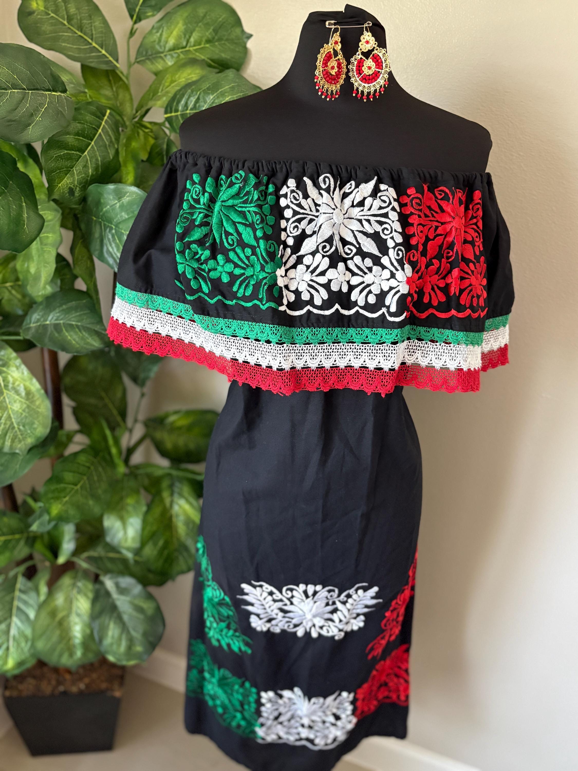 XL Mexican Dress: Red White Green Embroidered Off-Shoulder Fiesta Outfit