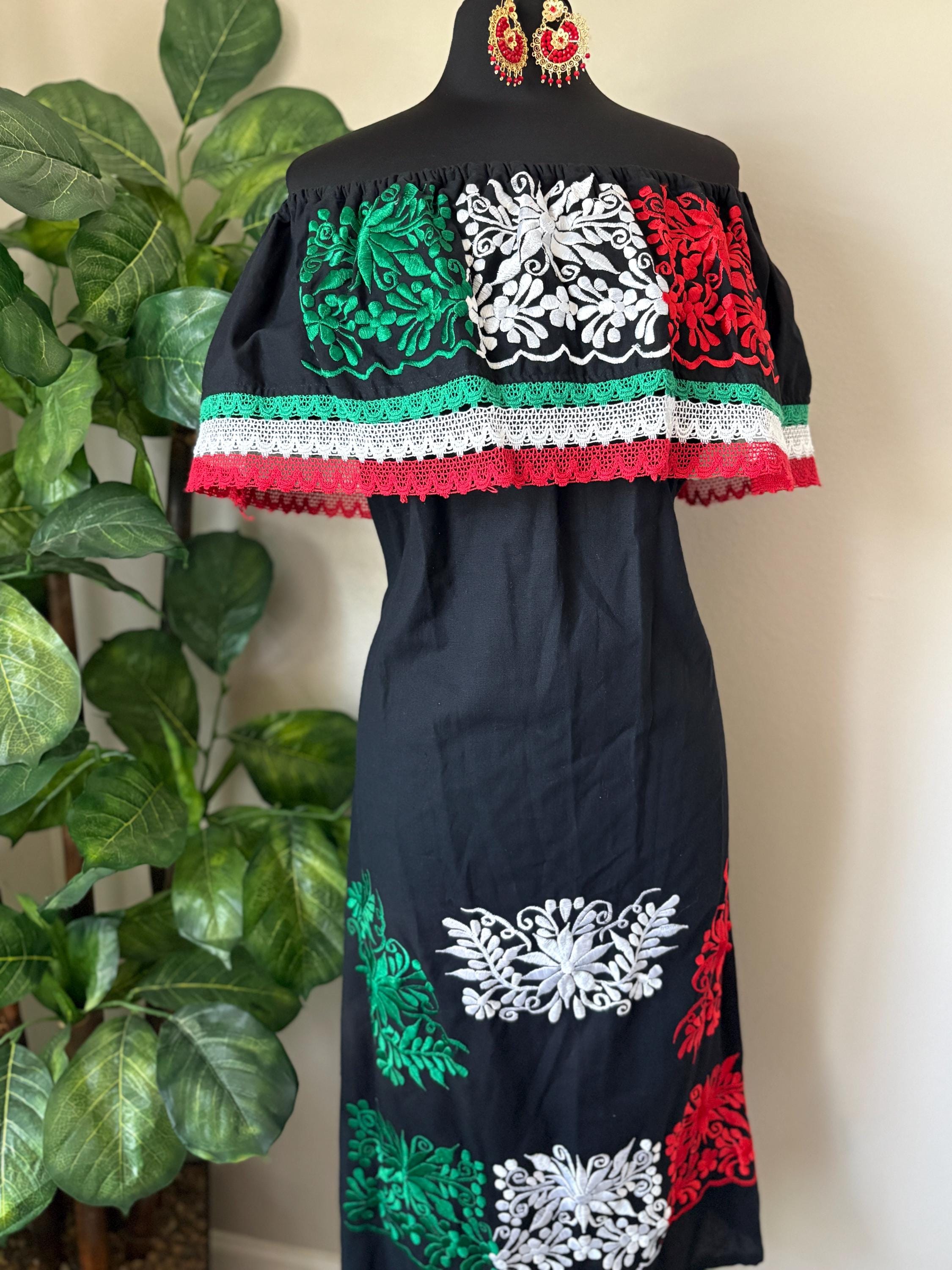 XL Mexican Dress: Red White Green Embroidered Off-Shoulder Fiesta Outfit