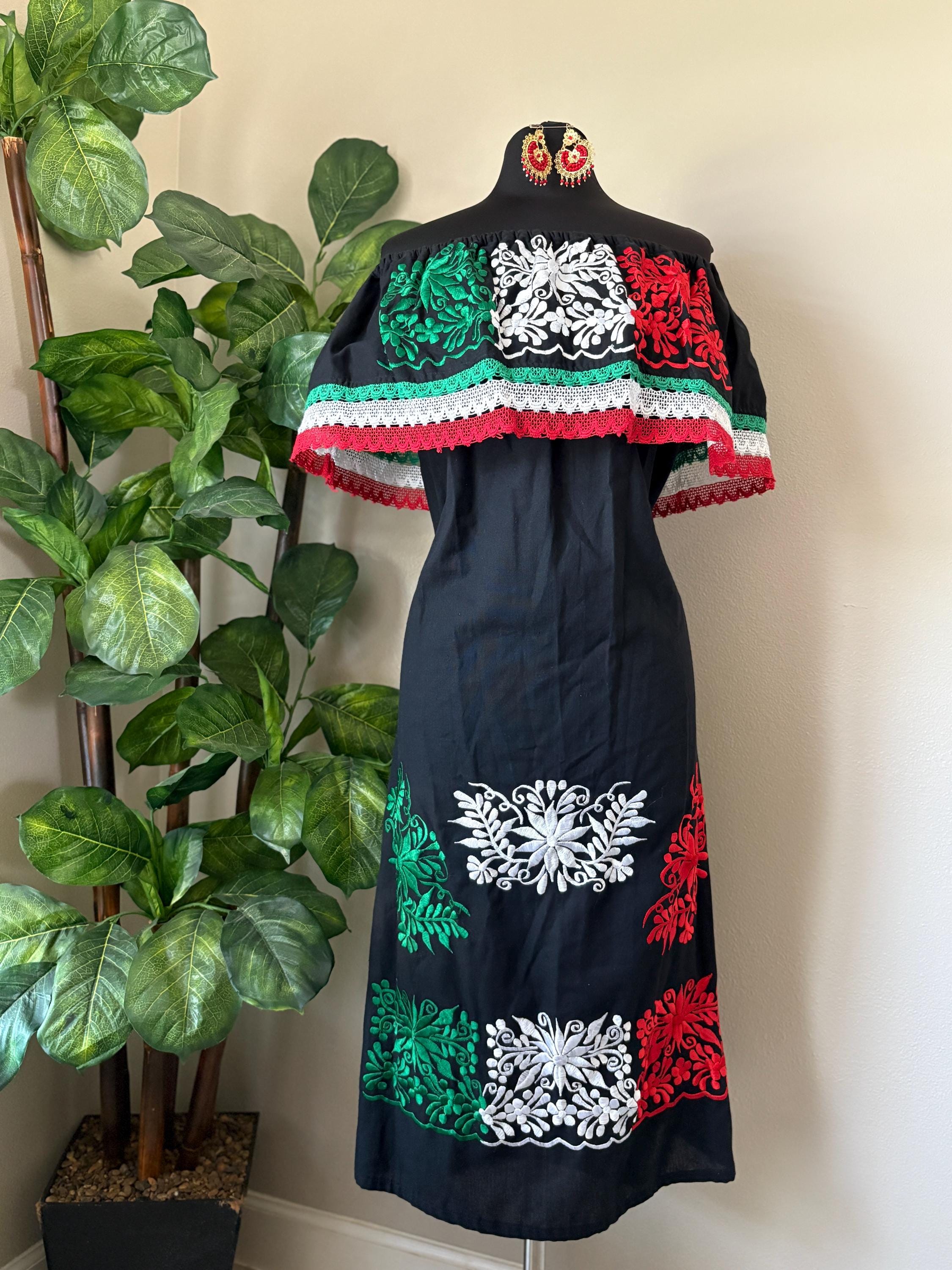 Image of XL Mexican Dress: Red White Green Embroidered Off-Shoulder Fiesta Outfit