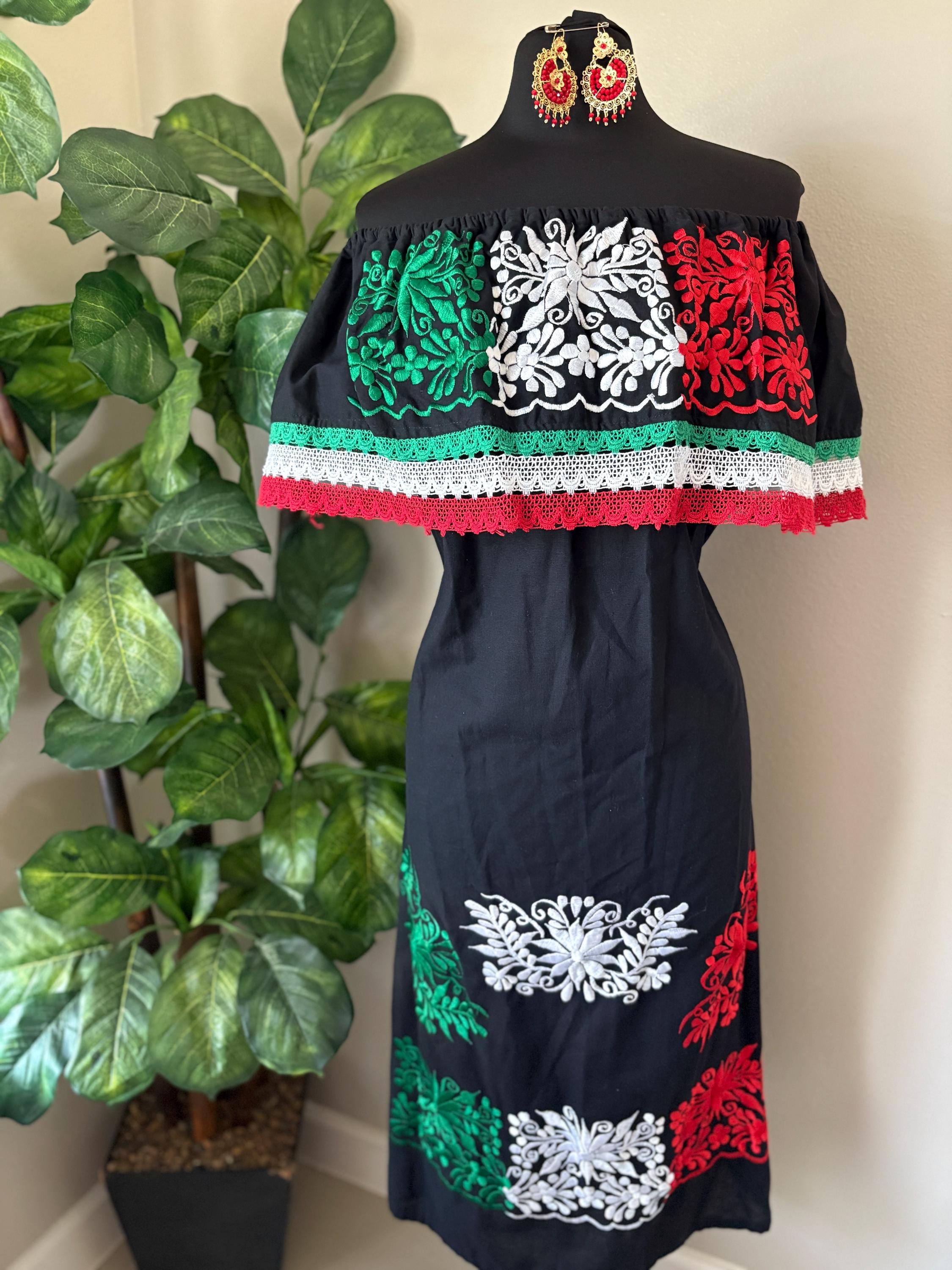 XL Mexican Dress: Red White Green Embroidered Off-Shoulder Fiesta Outfit