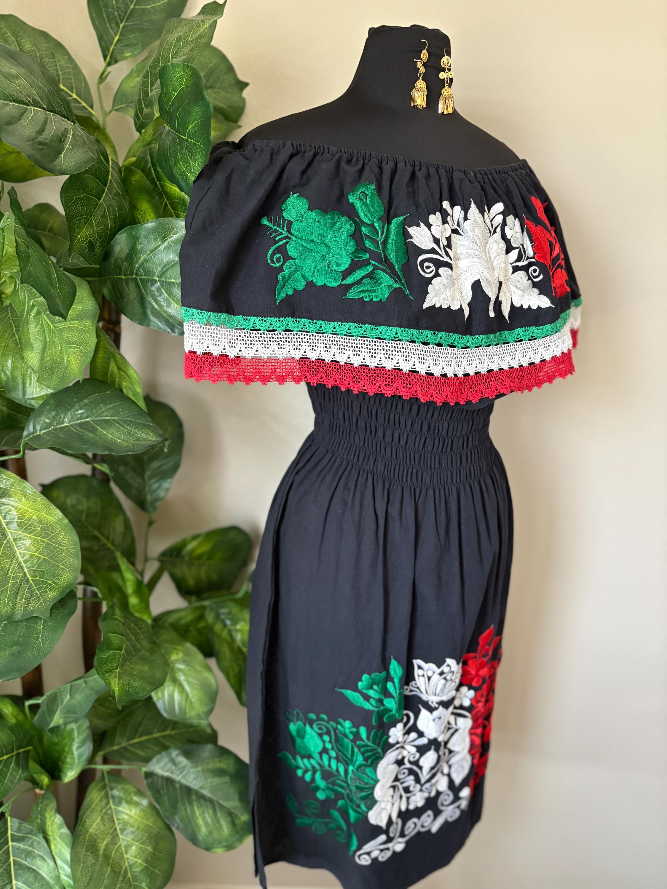 Embroidered Mexican Dress: Off-Shoulder Manta Cotton Fiesta Dress