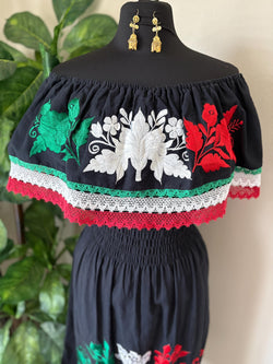 Embroidered Mexican Dress: Off-Shoulder Manta Cotton Fiesta Dress Raquells Embroidered Mexican Dress: Off-Shoulder Manta Cotton Fiesta Dress Raquells