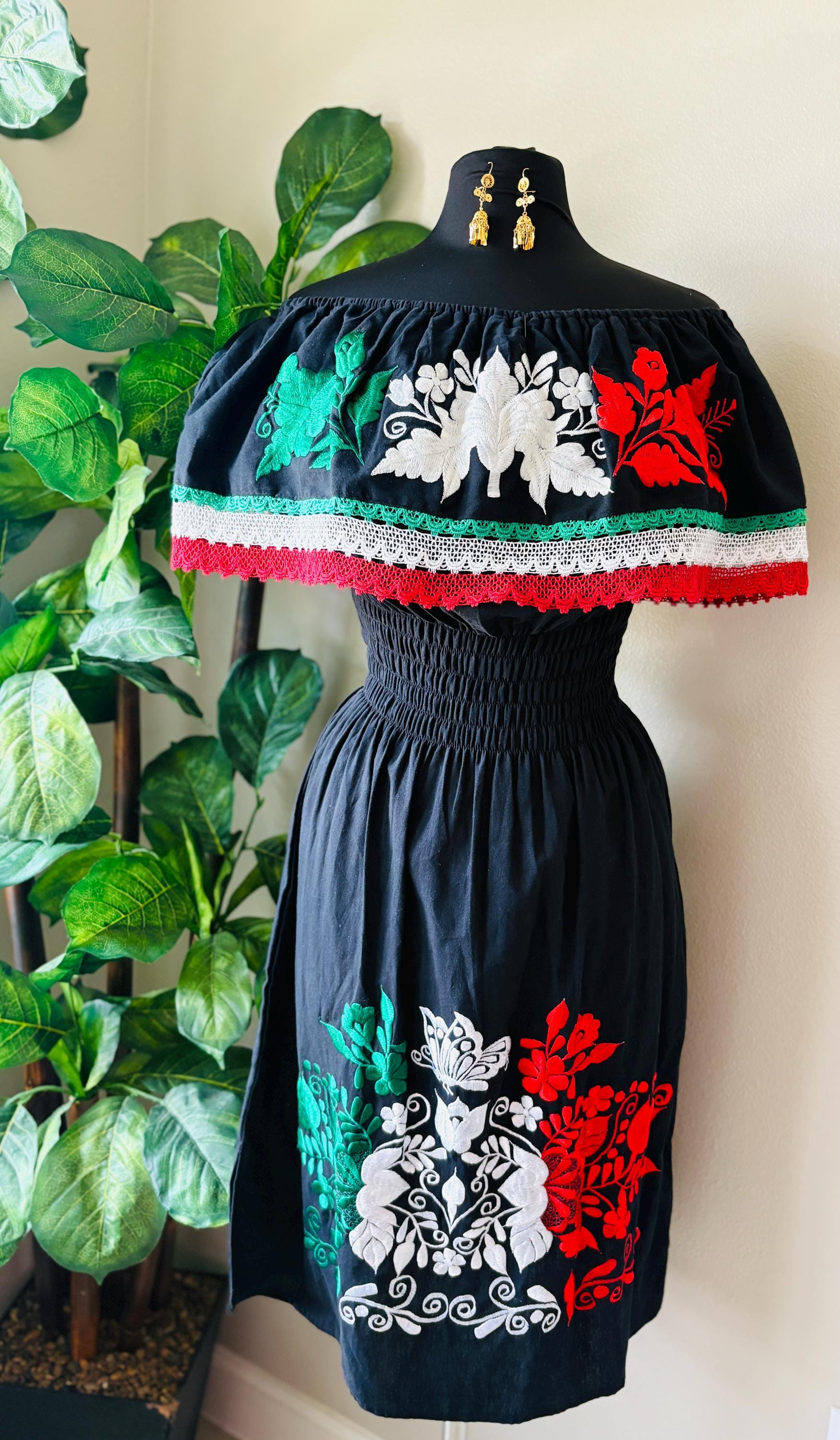 Image of Embroidered Mexican Dress: Off-Shoulder Manta Cotton Fiesta Dress