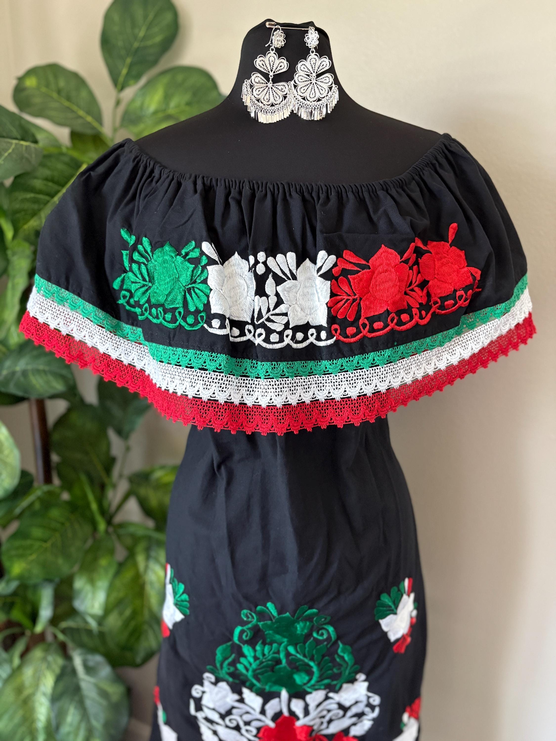 Cinco de Mayo Off Shoulder Dress – Mexican Flag Colors – Handmade and Embroidered Manta Fabric
