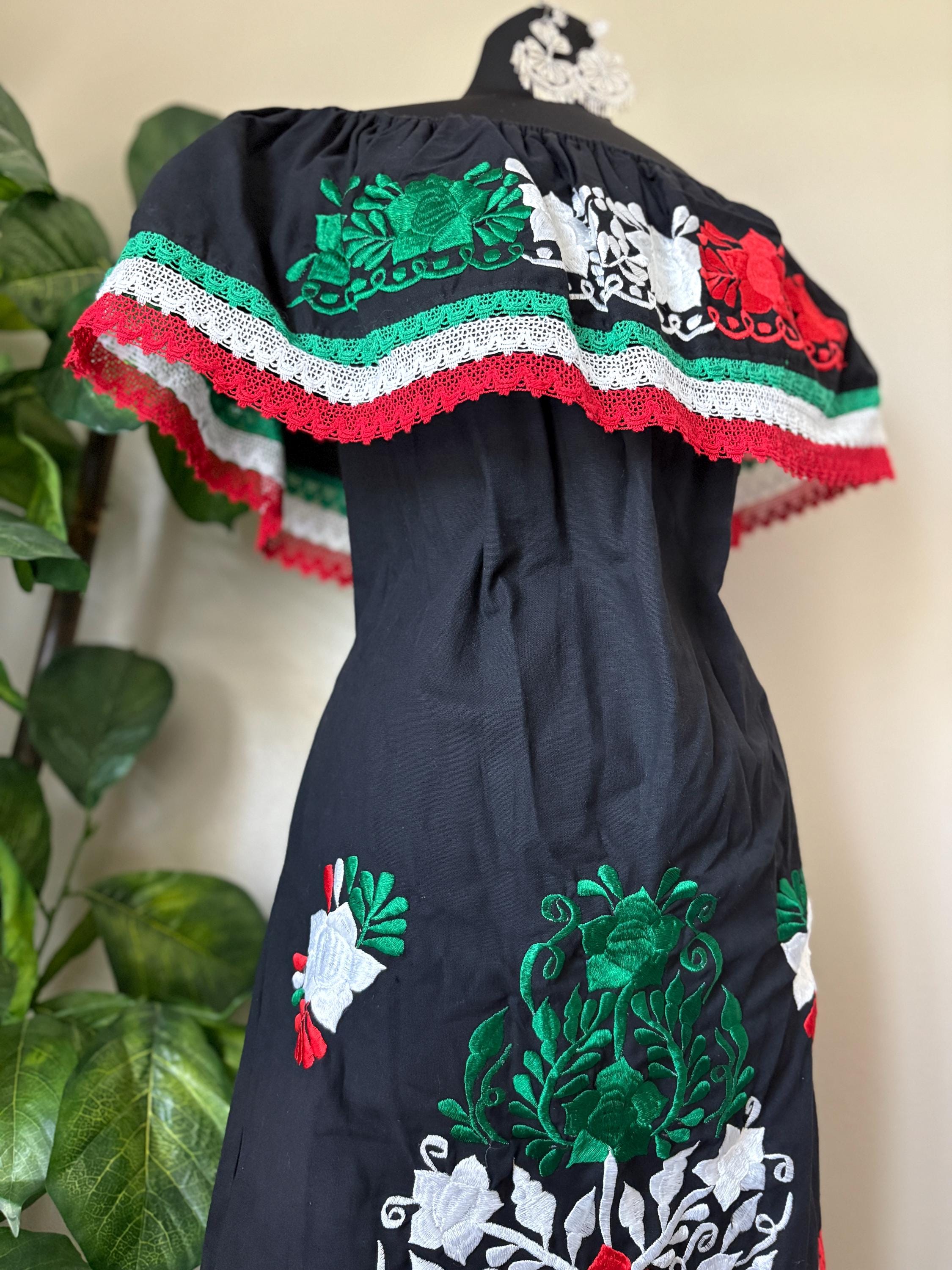 Image of Cinco de Mayo Off Shoulder Dress – Mexican Flag Colors – Handmade and Embroidered Manta Fabric