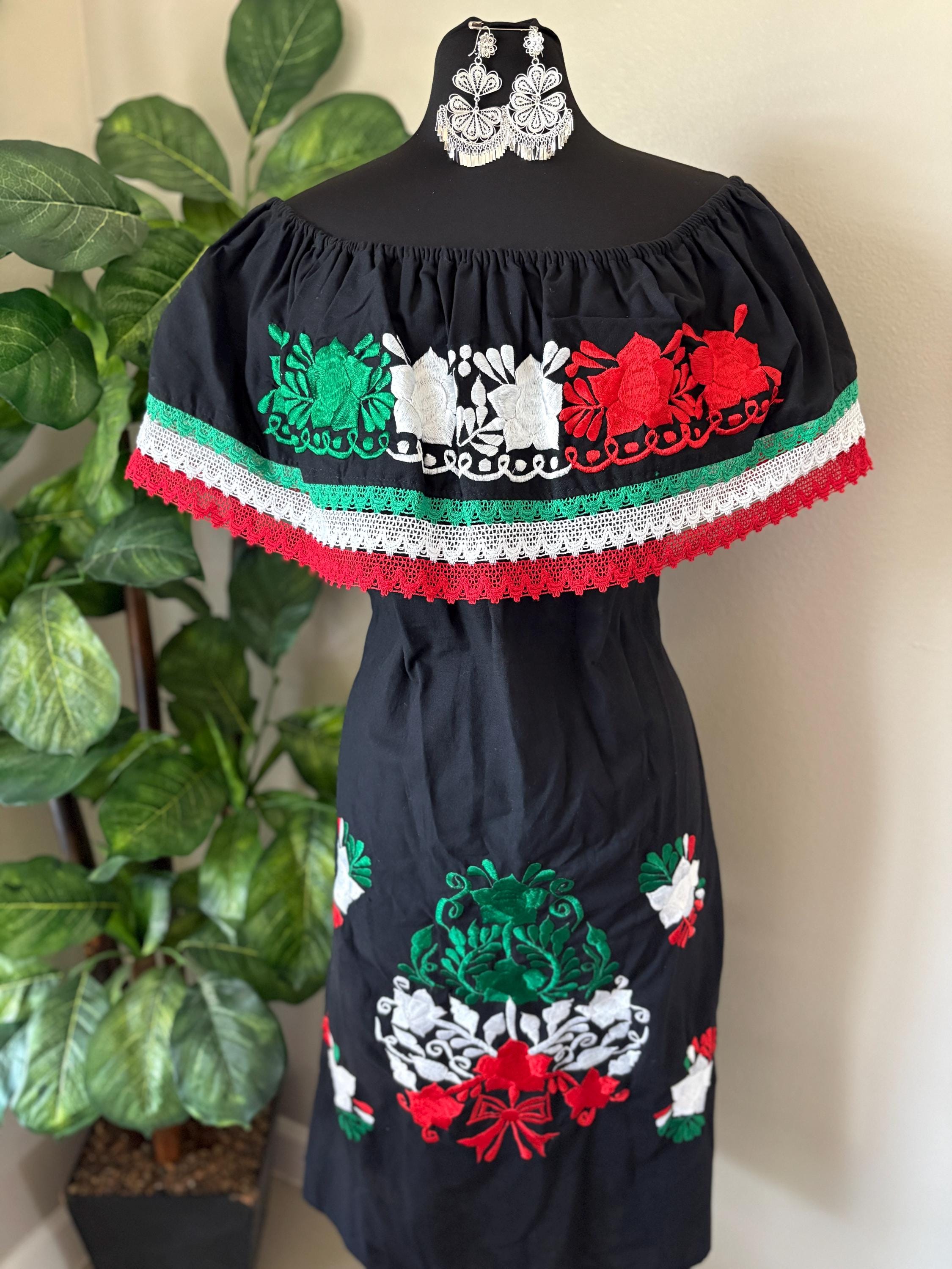 Cinco de Mayo Off Shoulder Dress – Mexican Flag Colors – Handmade and Embroidered Manta Fabric