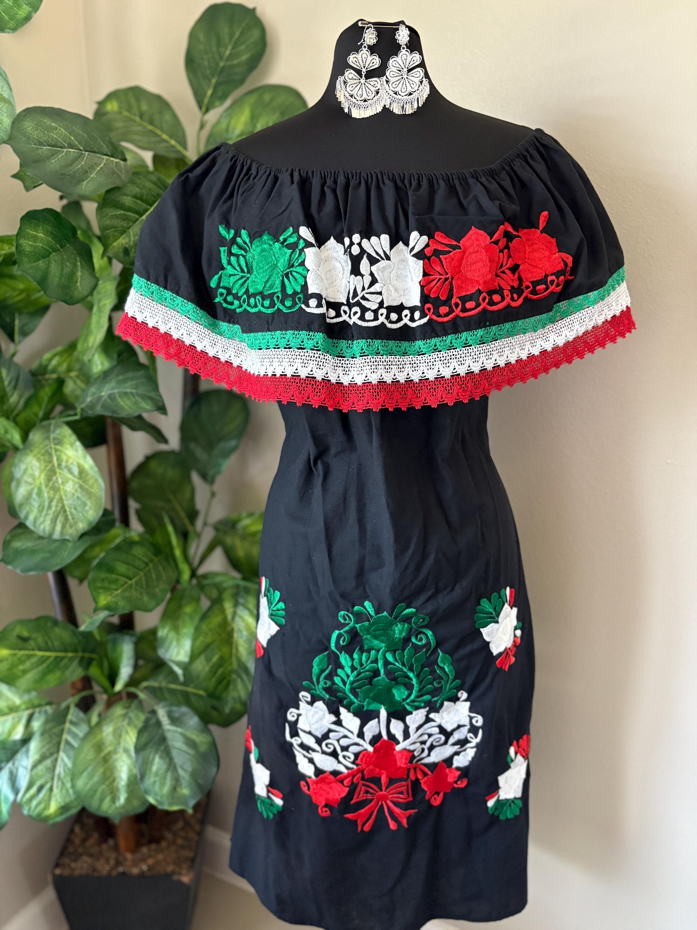 Image of Cinco de Mayo Off Shoulder Dress – Mexican Flag Colors – Handmade and Embroidered Manta Fabric