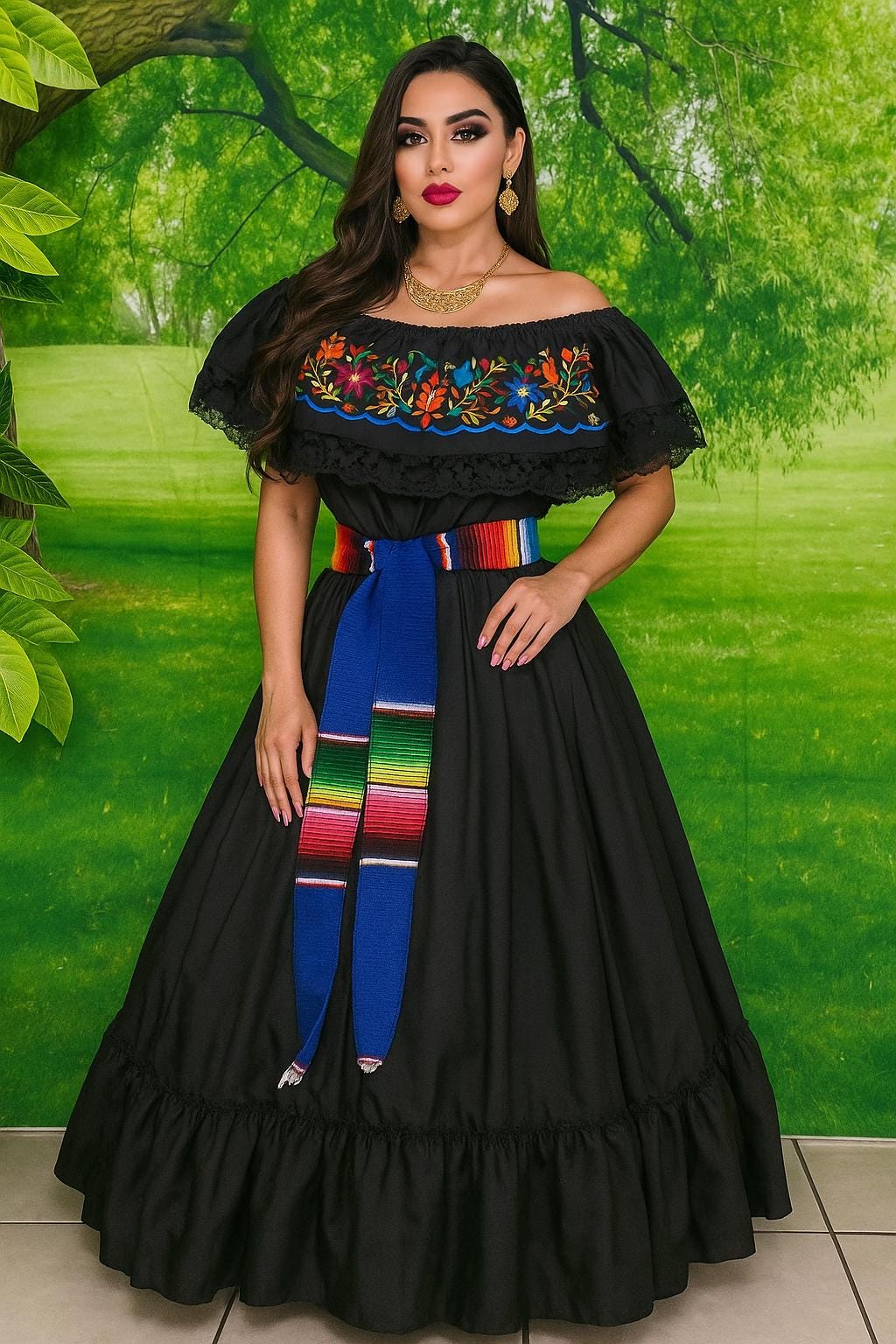 Image of Mexican Folklorico Dance Costume - Elena Outfit for Cinco de Mayo Celebration - Handmade Women's Outfit