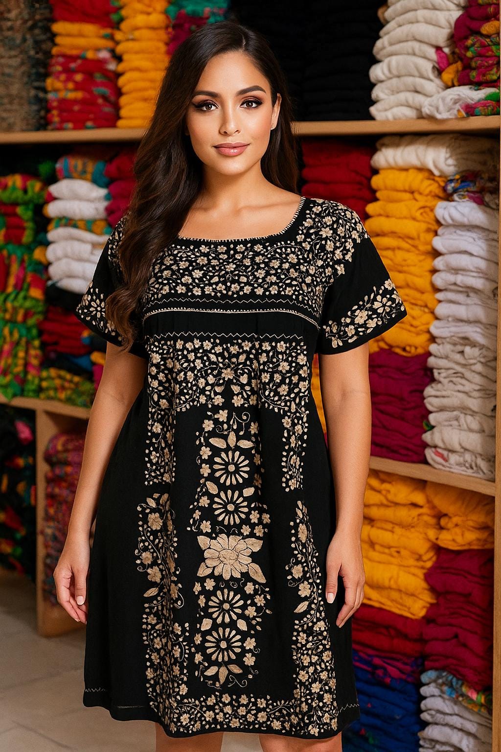 Handmade Embroidered Tehuacán Mexican Dress: Artisan Boho Mini Dress