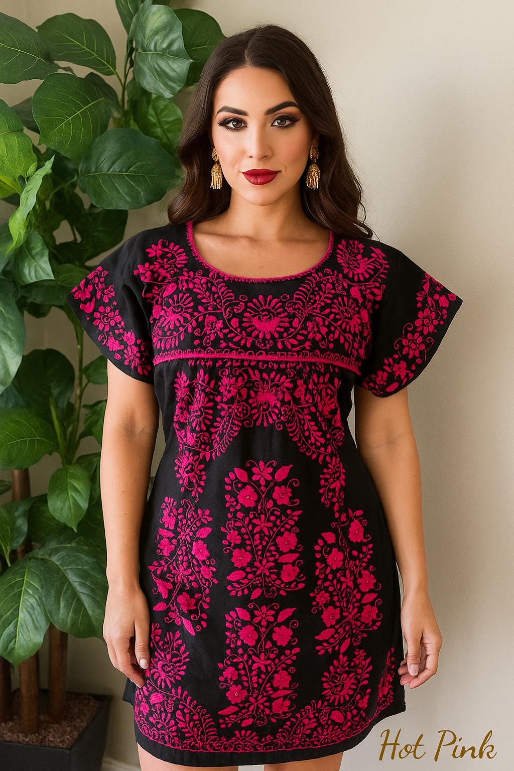 Image of Handmade Embroidered Tehuacán Mexican Dress: Artisan Boho Mini Dress
