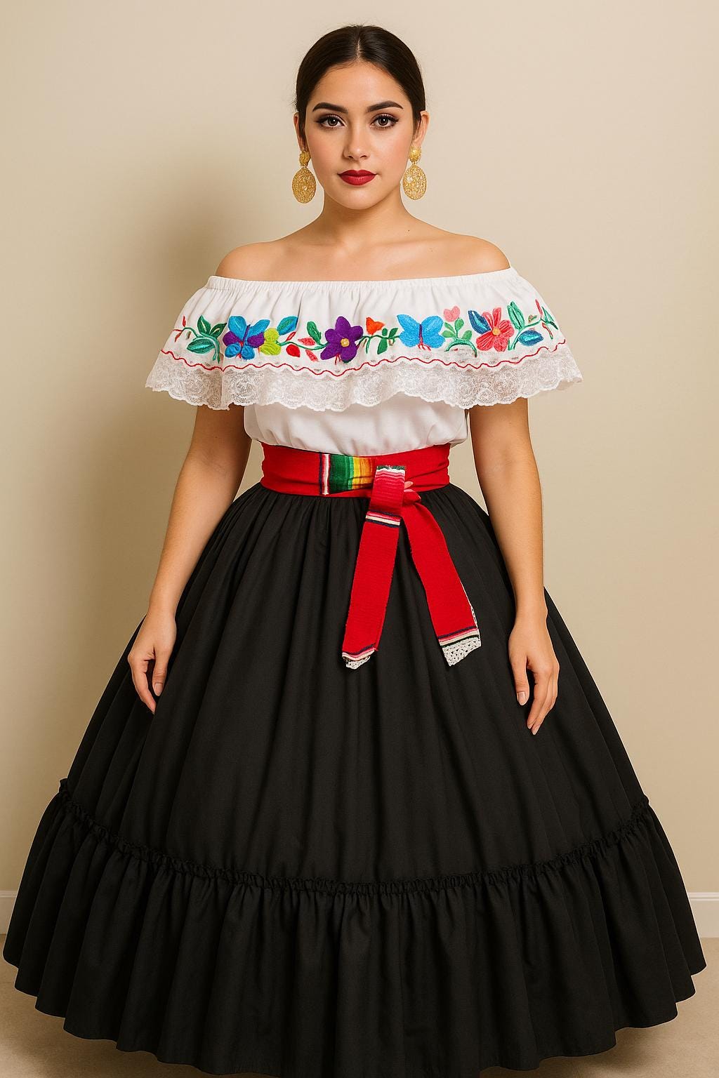 Image of Mexican Folklorico Dance Costume - Elena Outfit for Cinco de Mayo Celebration - Handmade Women's Outfit
