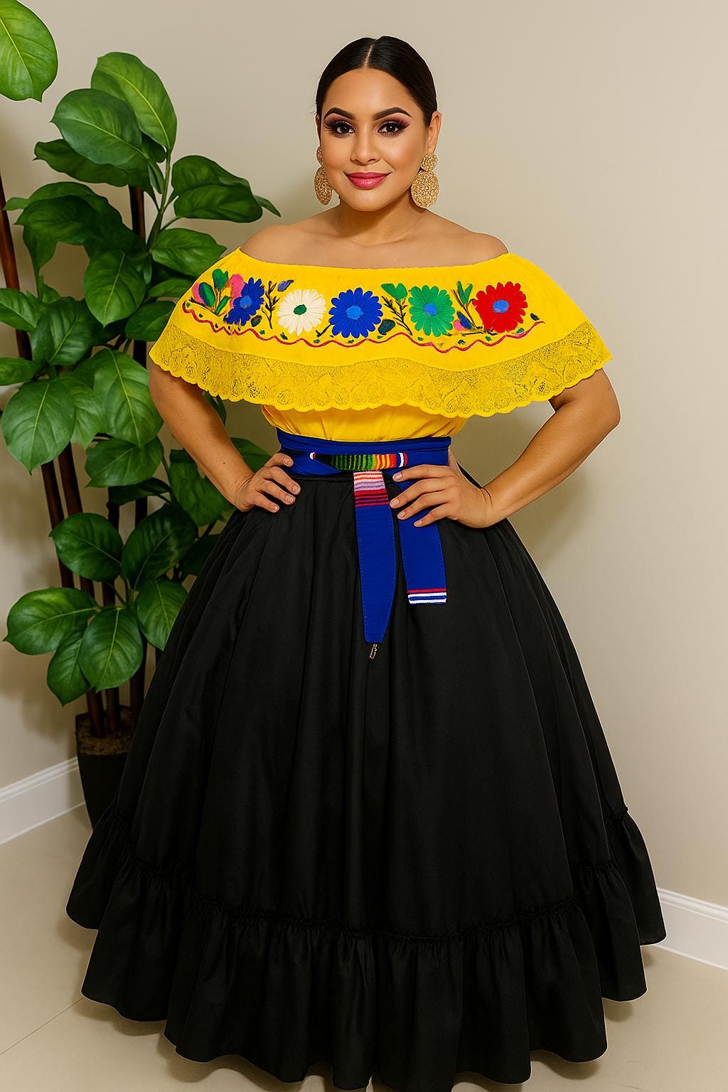 Image of Mexican Folklorico Dance Costume - Elena Outfit for Cinco de Mayo Celebration - Handmade Women's Outfit