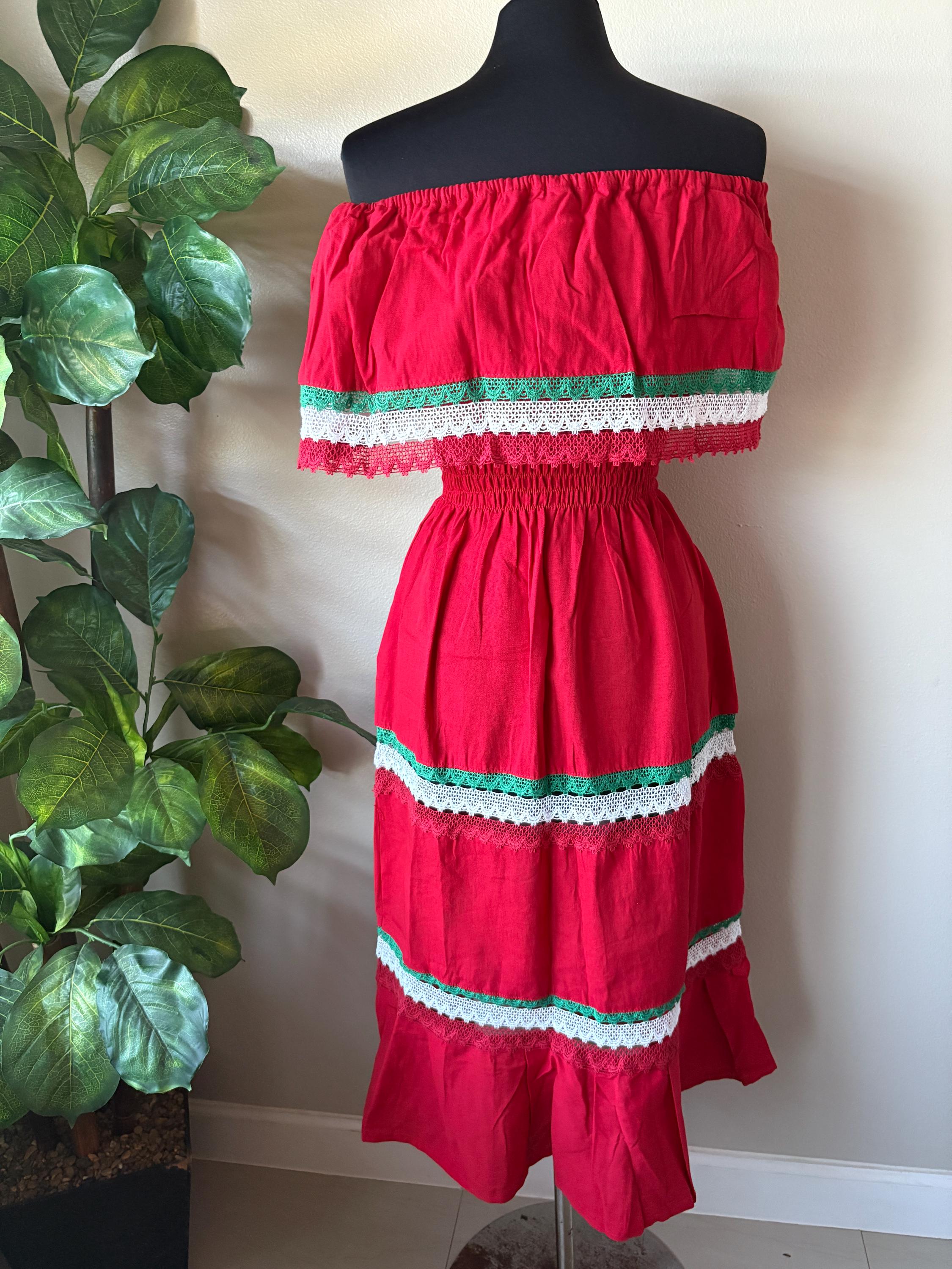 Image of Embroidered Mexican Dress: Red, White & Green Floral Manta Cotton