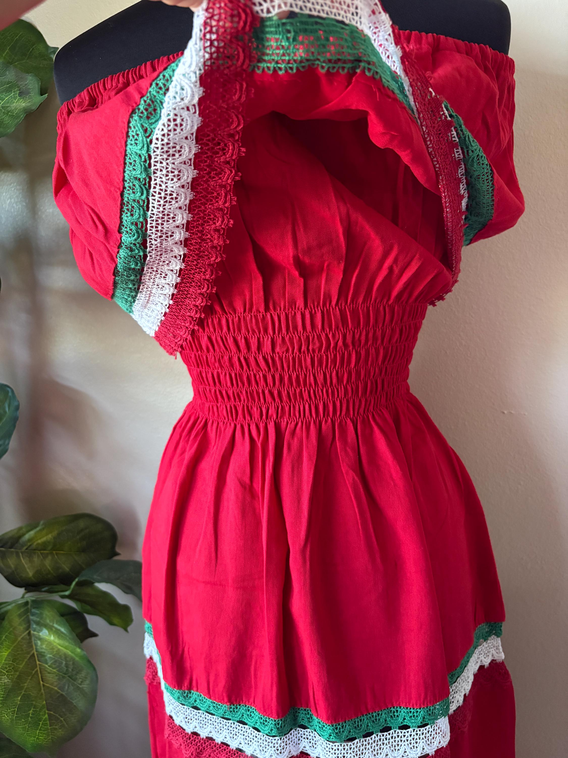 Embroidered Mexican Dress: Red, White & Green Floral Manta Cotton