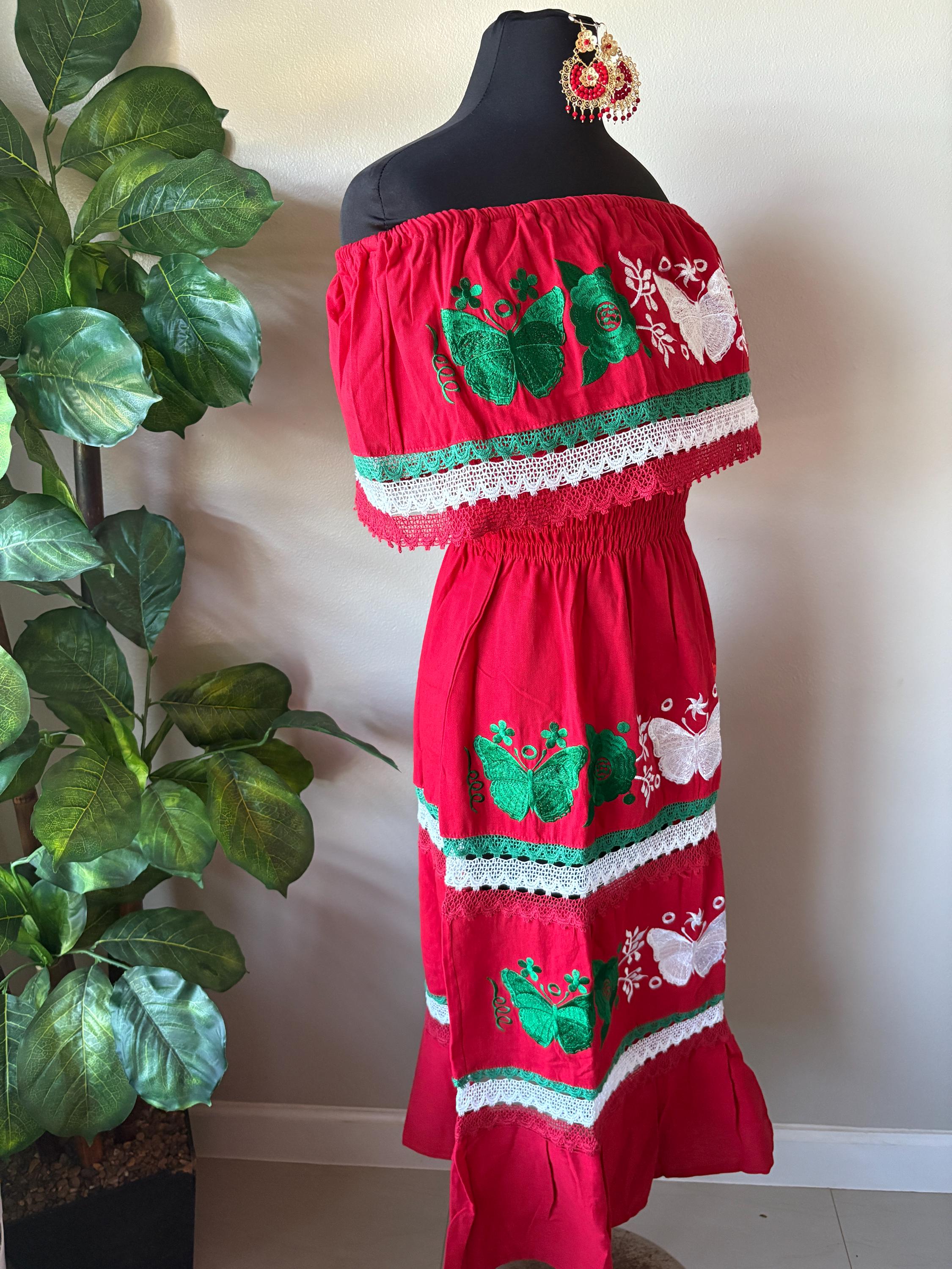 Embroidered Mexican Dress: Red, White & Green Floral Manta Cotton Raquells Embroidered Mexican Dress: Red, White & Green Floral Manta Cotton Raquells