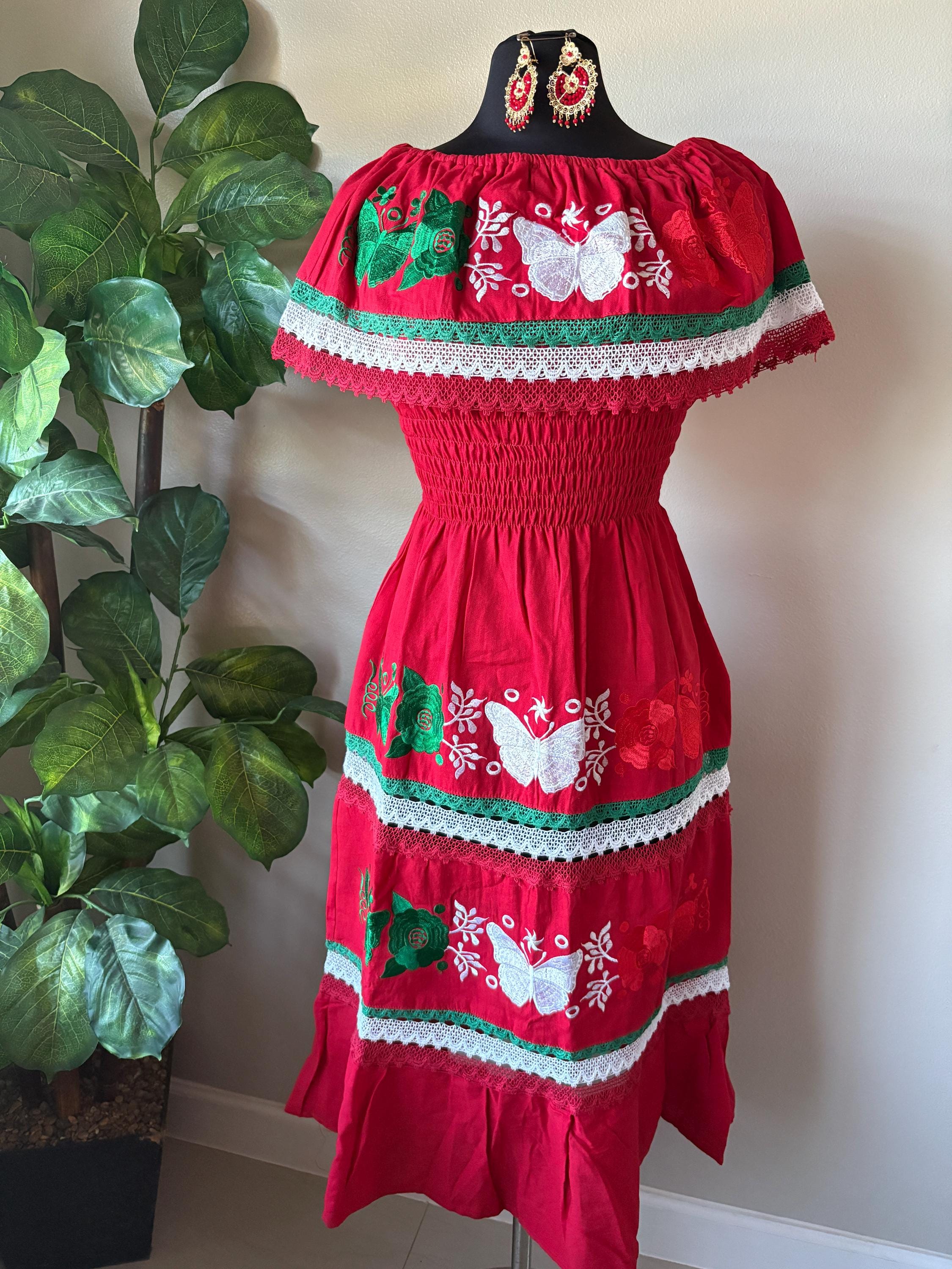 Embroidered Mexican Dress: Red, White & Green Floral Manta Cotton
