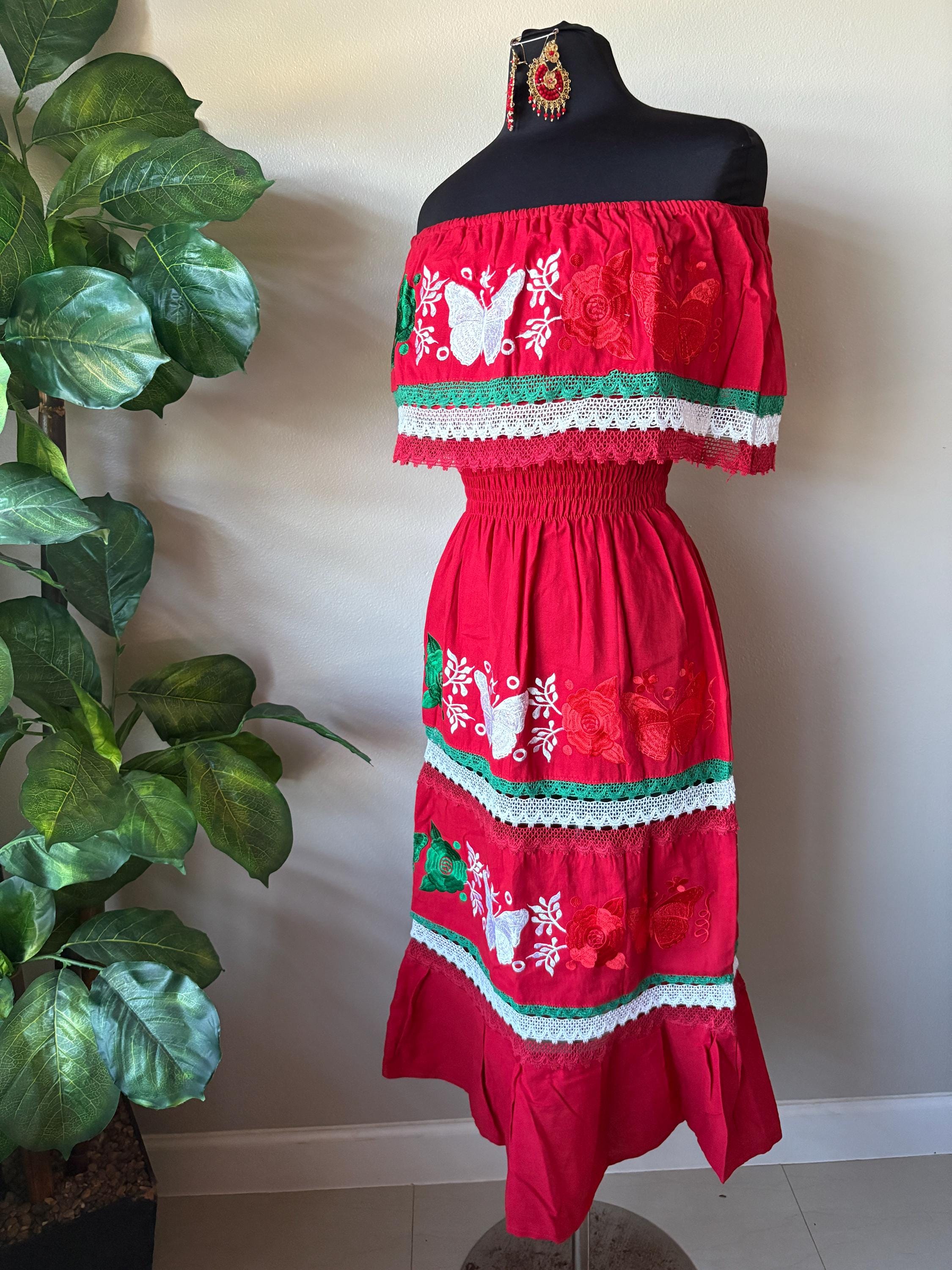 Embroidered Mexican Dress: Red, White & Green Floral Manta Cotton Raquells Embroidered Mexican Dress: Red, White & Green Floral Manta Cotton Raquells