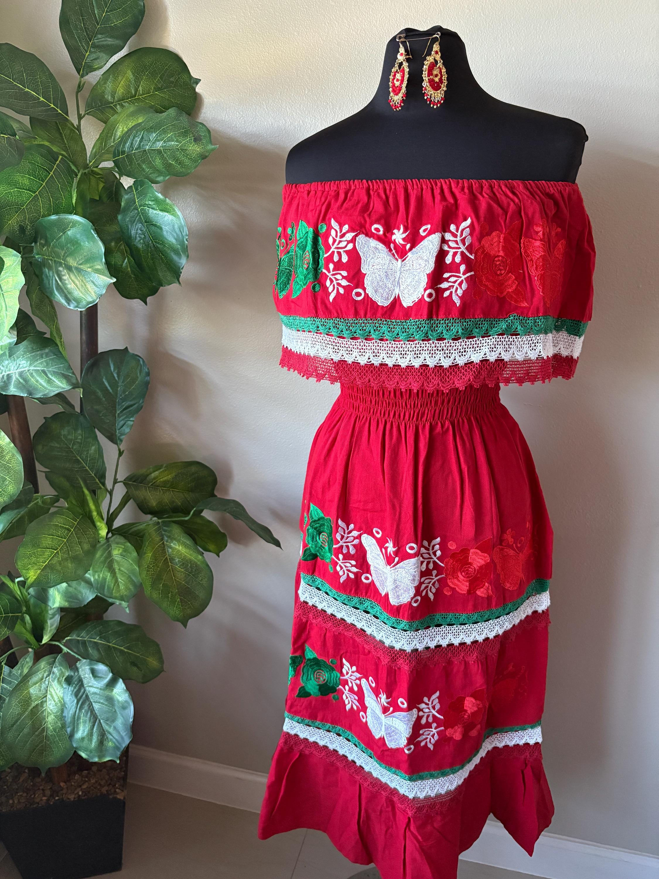 Embroidered Mexican Dress: Red, White & Green Floral Manta Cotton Raquells Embroidered Mexican Dress: Red, White & Green Floral Manta Cotton Raquells