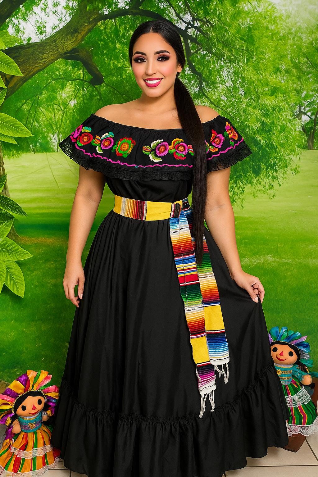 Image of Mexican Folklorico Dance Costume - Elena Outfit for Cinco de Mayo Celebration - Handmade Women's Outfit