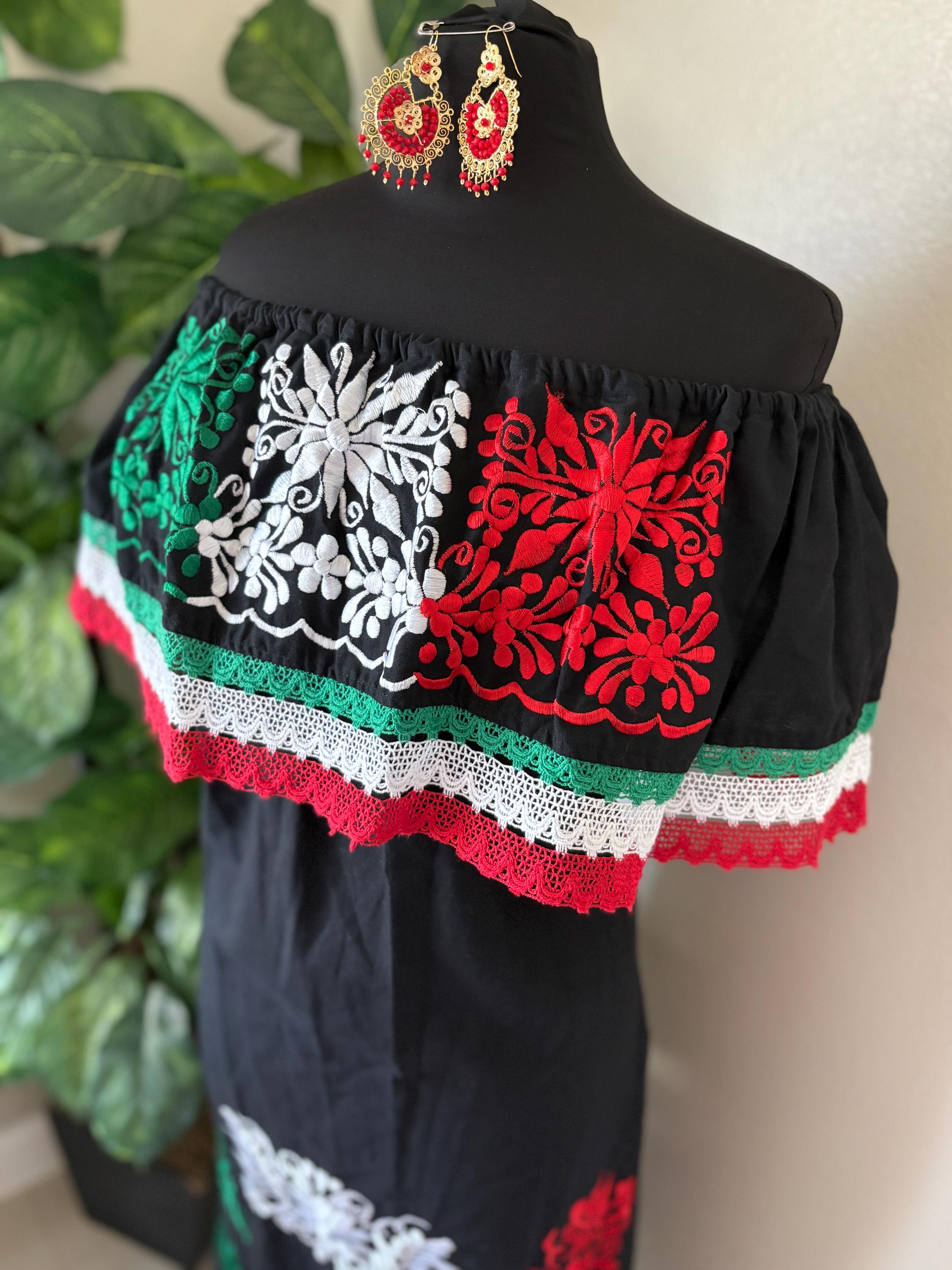 XL Mexican Dress: Red White Green Embroidered Off-Shoulder Fiesta Outfit