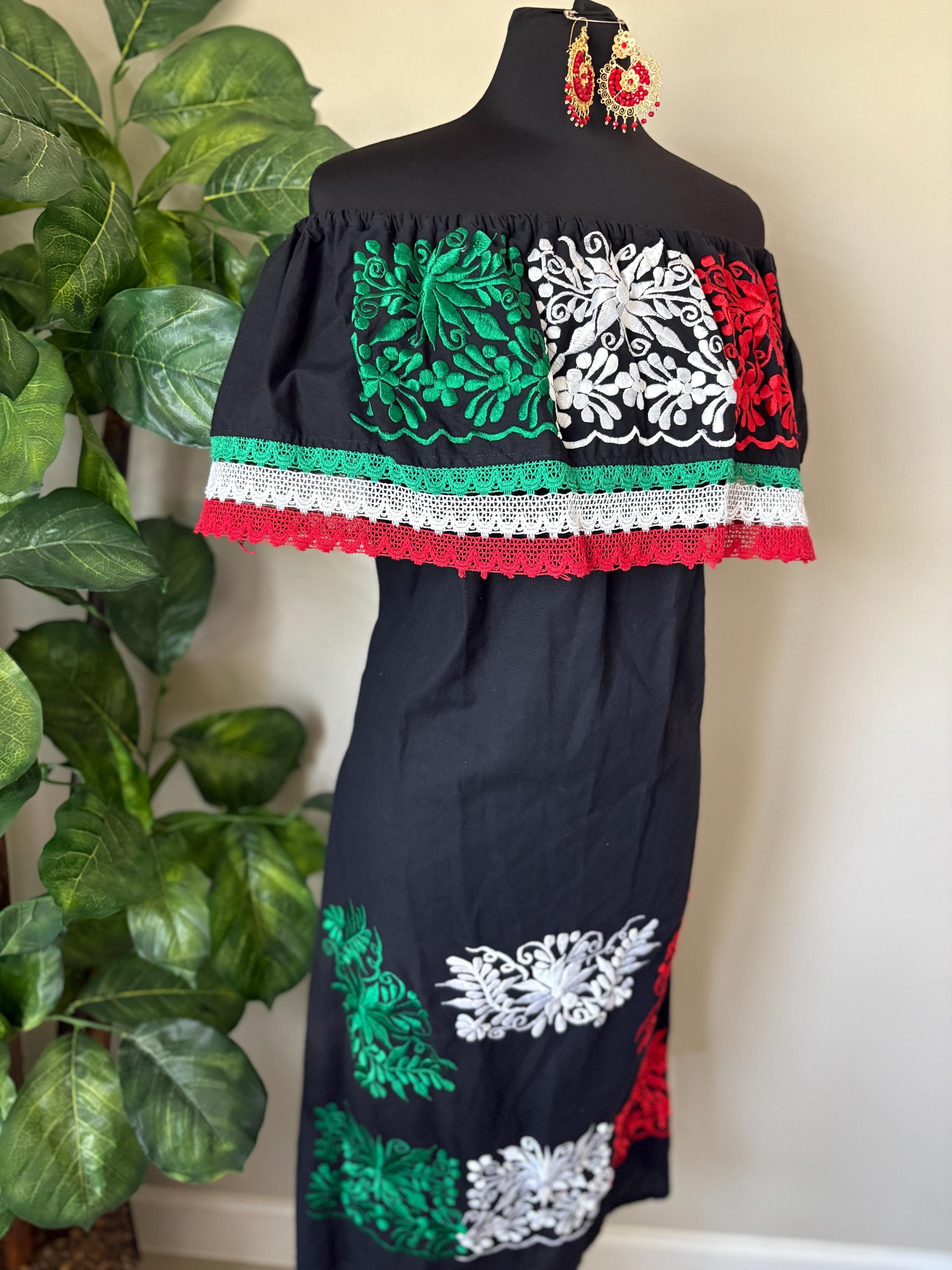 XL Mexican Dress: Red White Green Embroidered Off-Shoulder Fiesta Outfit