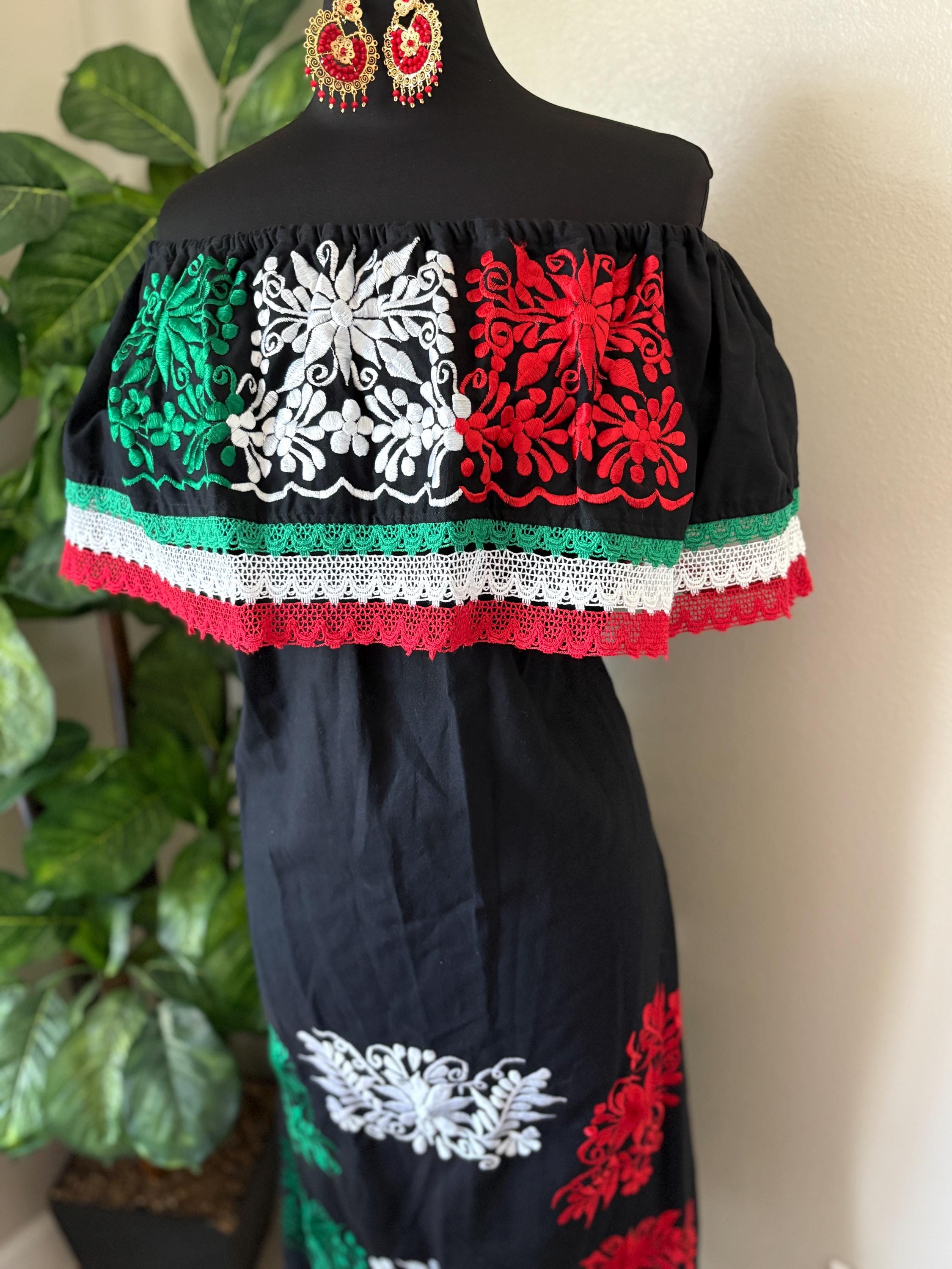 Image of XL Mexican Dress: Red White Green Embroidered Off-Shoulder Fiesta Outfit