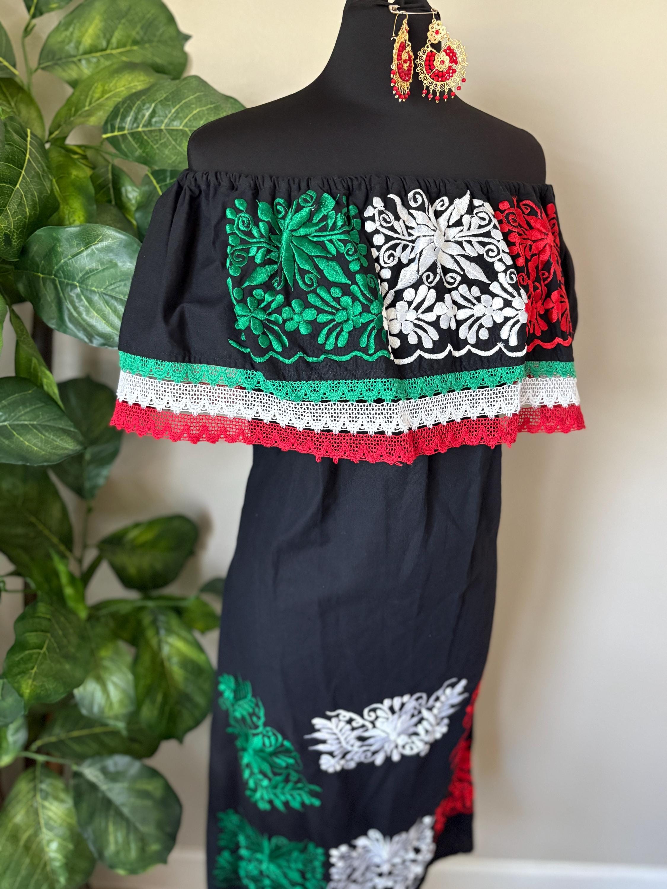 Image of XL Mexican Dress: Red White Green Embroidered Off-Shoulder Fiesta Outfit