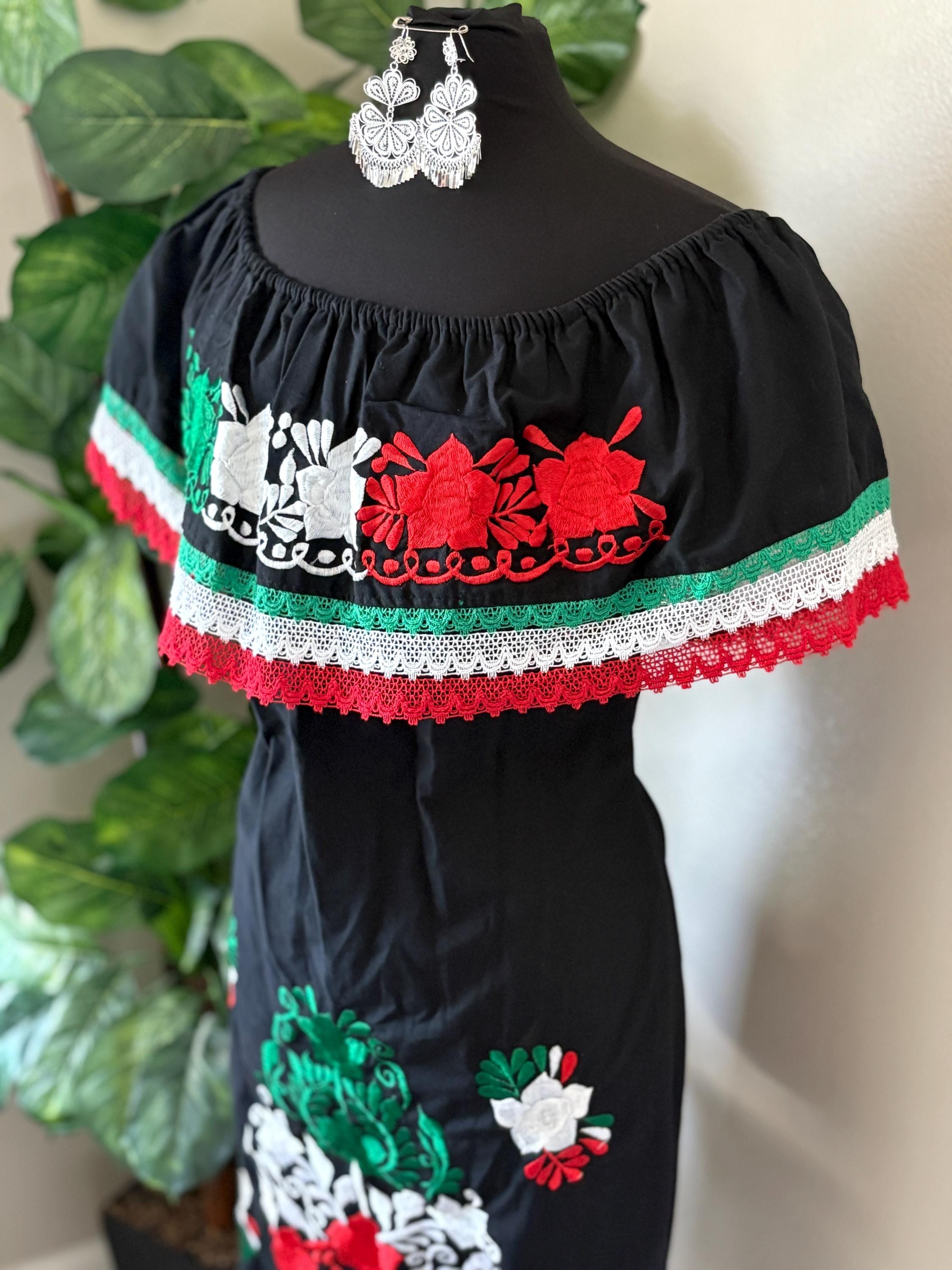 Cinco de Mayo Off Shoulder Dress – Mexican Flag Colors – Handmade and Embroidered Manta Fabric