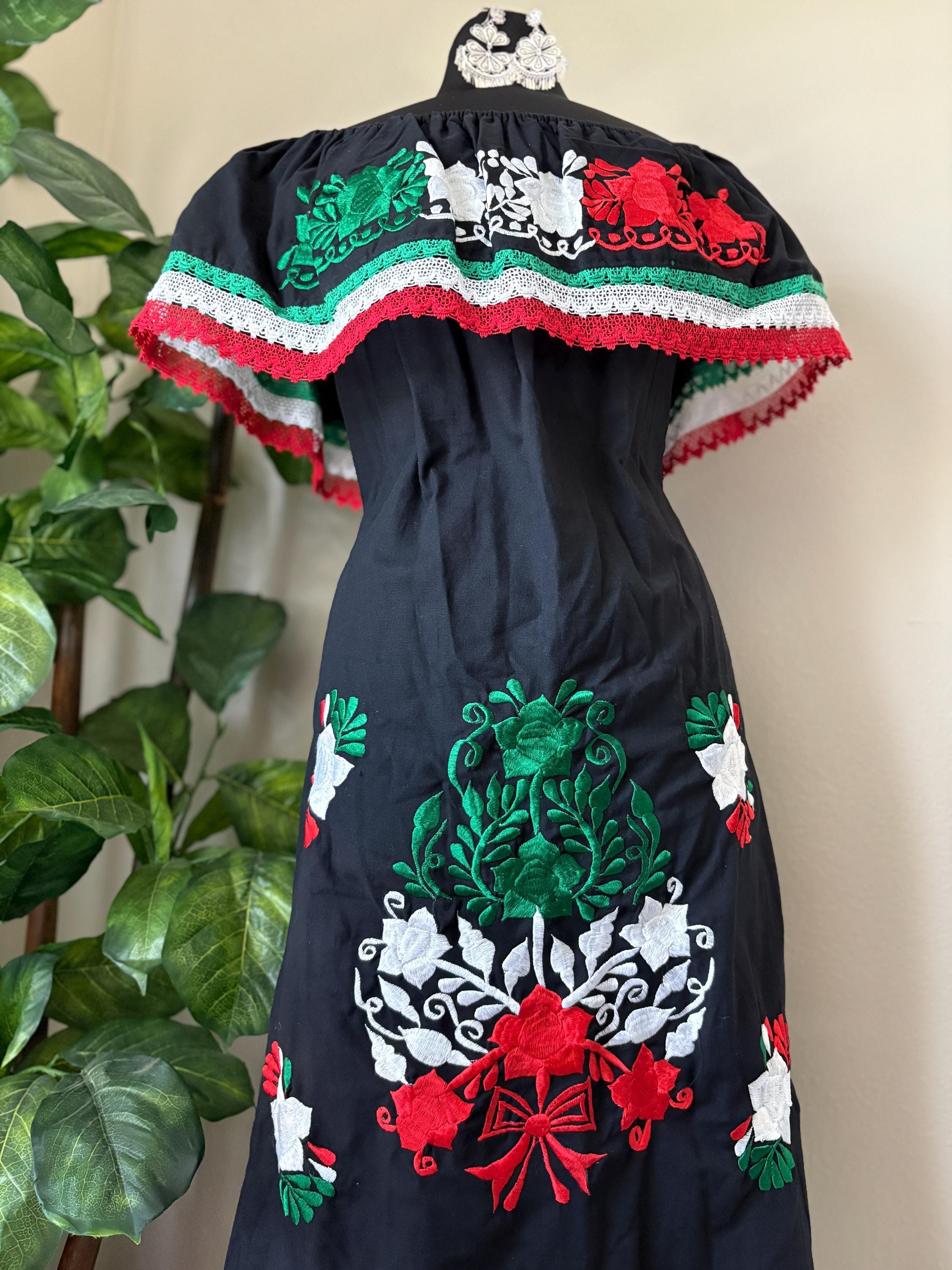Cinco de Mayo Off Shoulder Dress – Mexican Flag Colors – Handmade and Embroidered Manta Fabric
