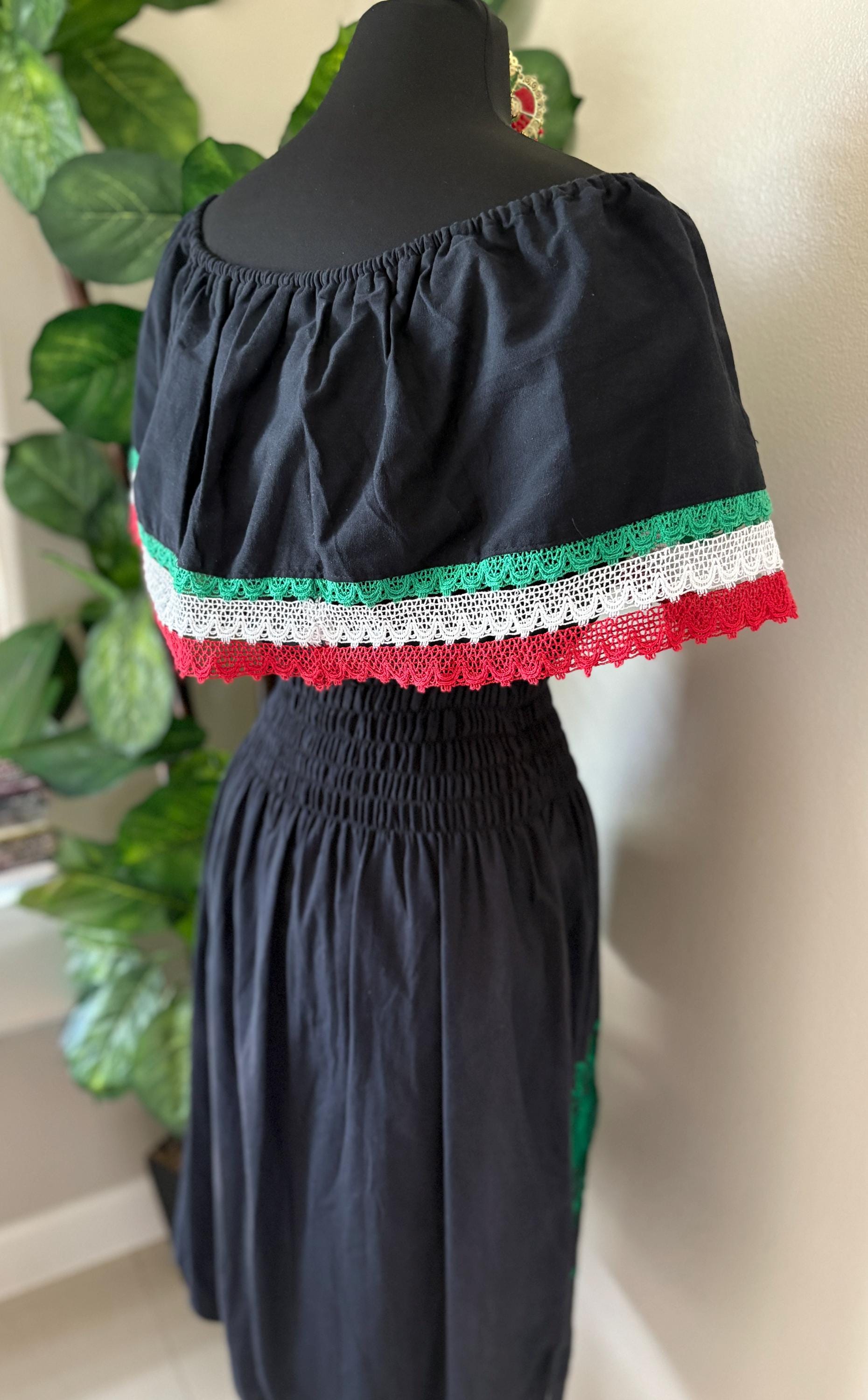 Cinco de Mayo Off Shoulder Dress – Mexican Flag Colors – Handmade and Embroidered Manta Fabric