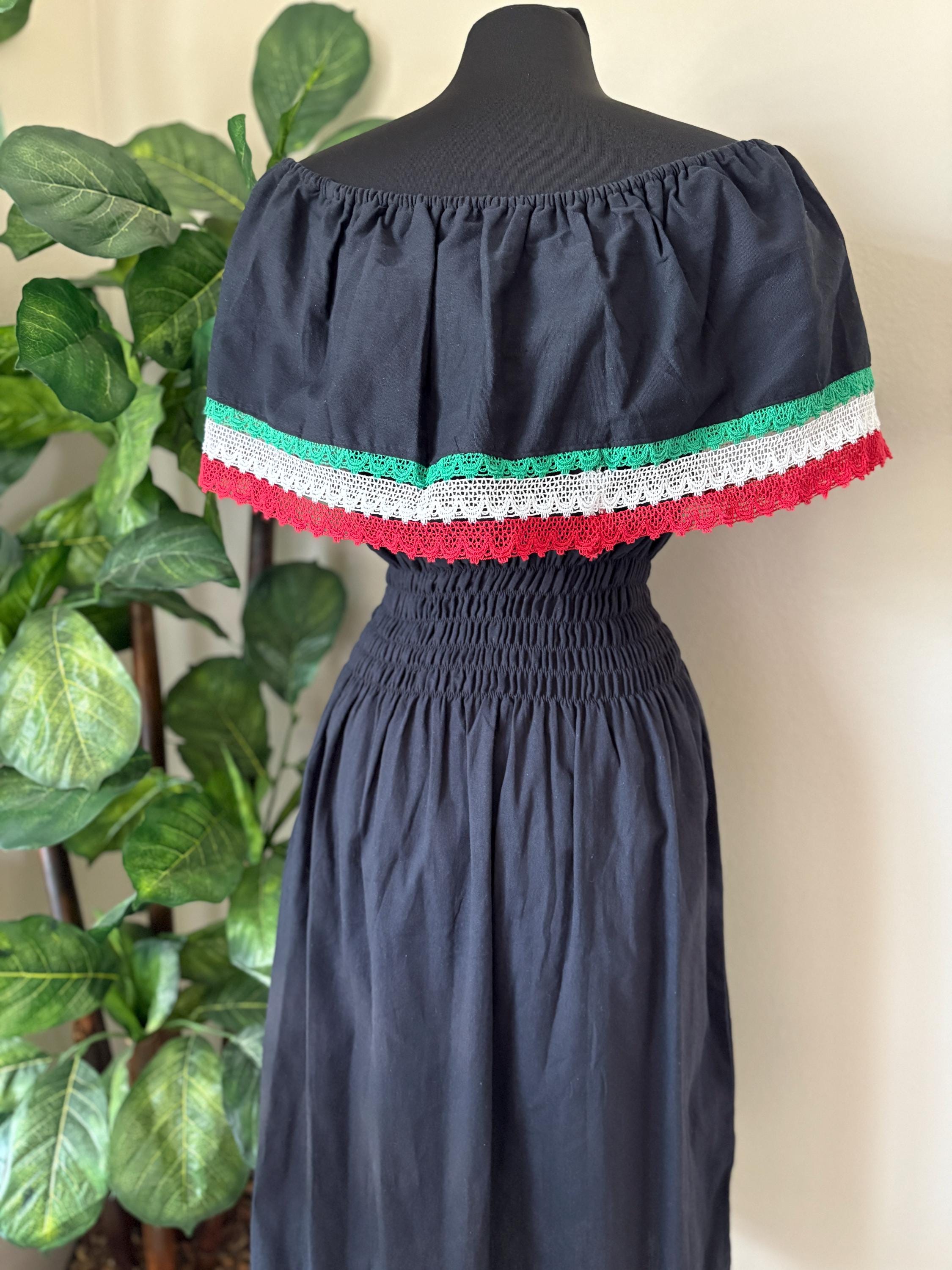 Image of Cinco de Mayo Off Shoulder Dress – Mexican Flag Colors – Handmade and Embroidered Manta Fabric