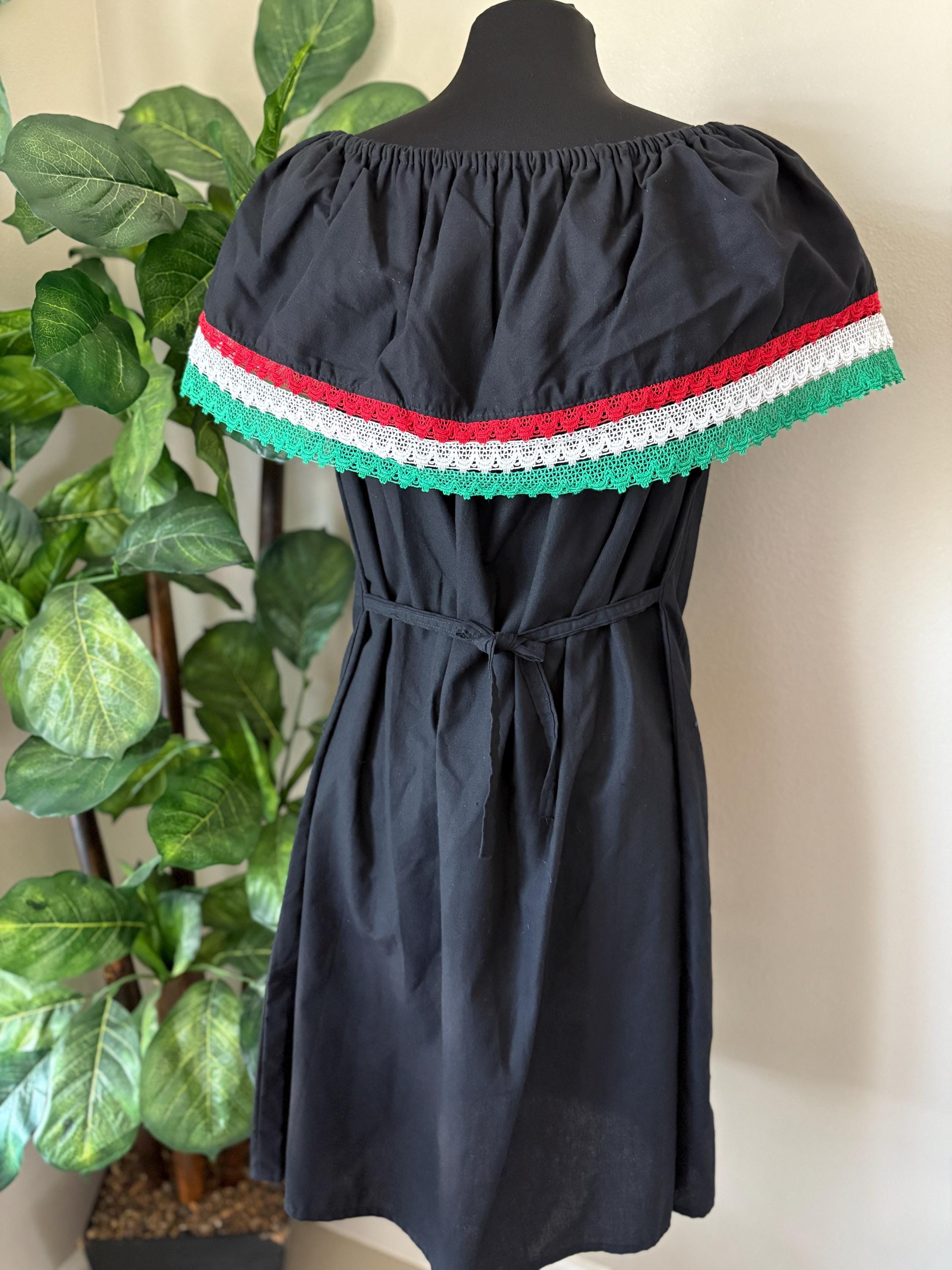Cinco de Mayo Off Shoulder Dress – Mexican Flag Colors – Handmade and Embroidered Manta Fabric
