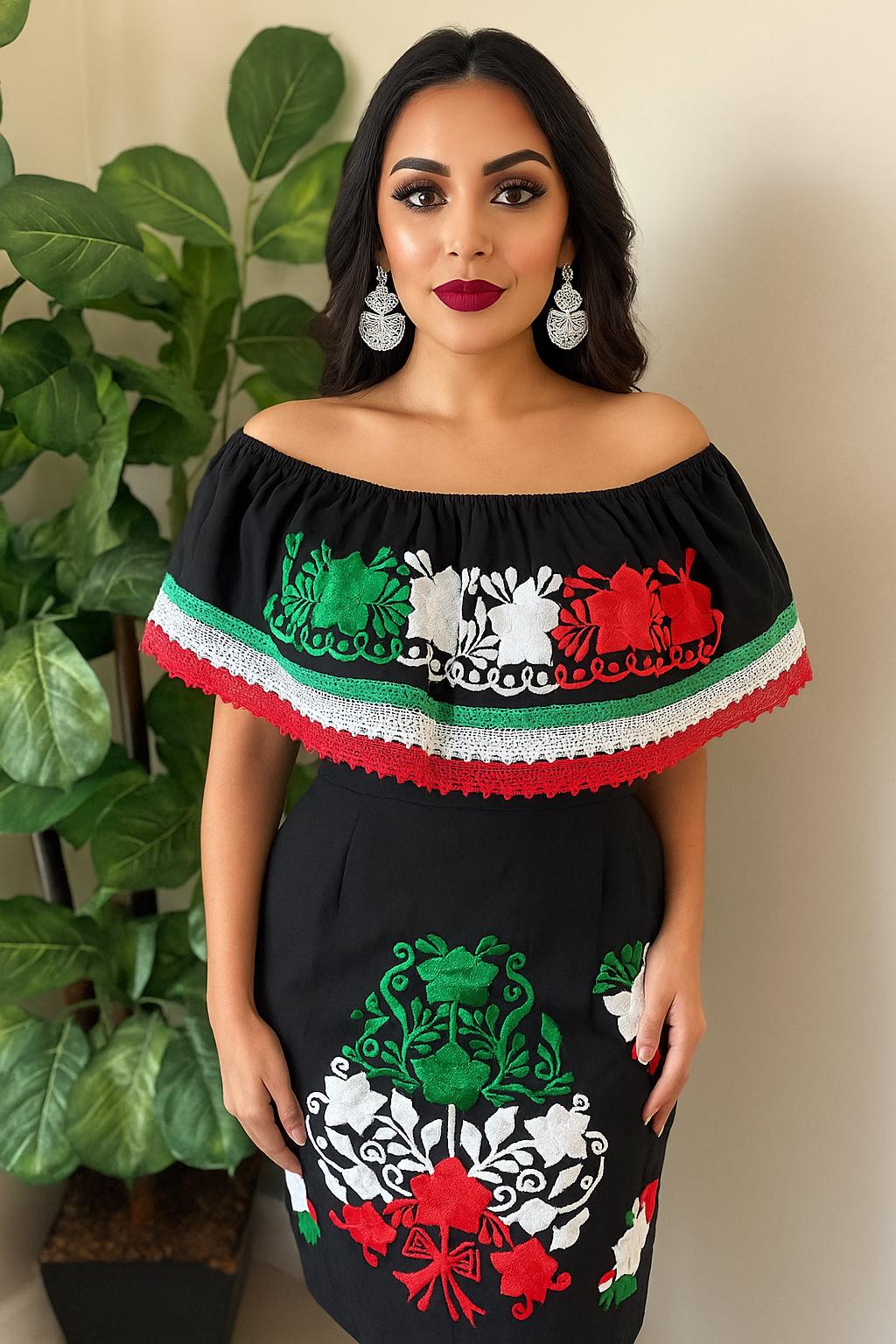 Image of Cinco de Mayo Off Shoulder Dress – Mexican Flag Colors – Handmade and Embroidered Manta Fabric