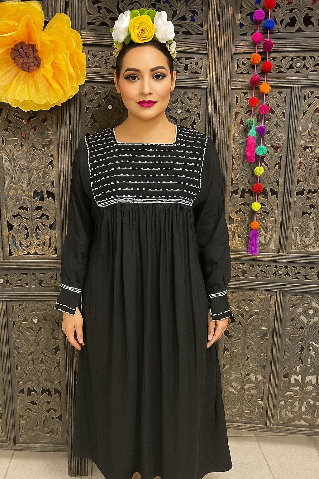 Image of Beautiful Handmade Mexican Embroidered Halloween Dress - Loose Fit Dress - Small/Medium