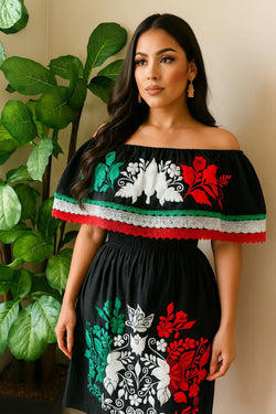 Embroidered Mexican Dress: Off-Shoulder Manta Cotton Fiesta Dress Raquells Embroidered Mexican Dress: Off-Shoulder Manta Cotton Fiesta Dress Raquells