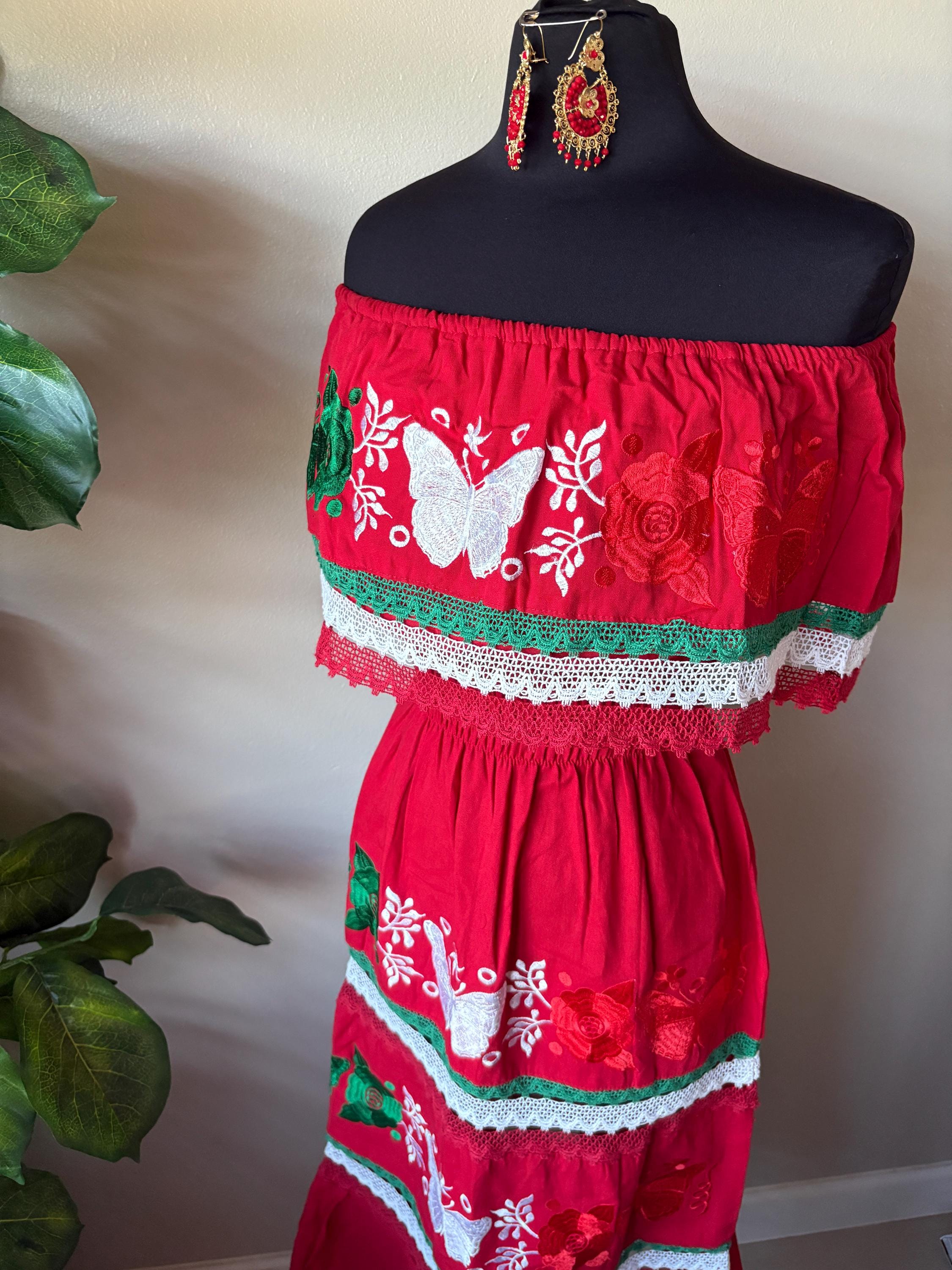 Embroidered Mexican Dress: Red, White & Green Floral Manta Cotton