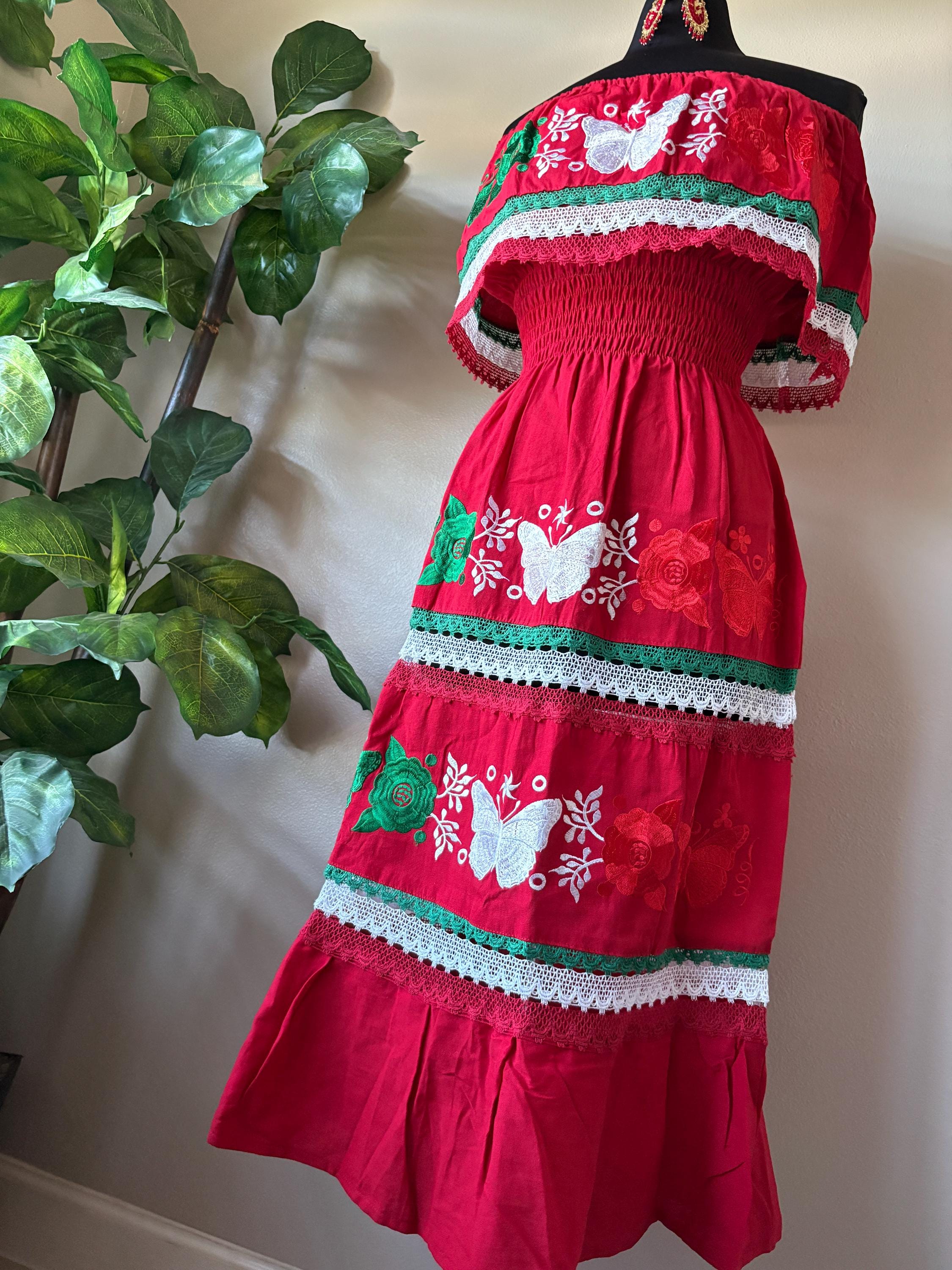 Image of Embroidered Mexican Dress: Red, White & Green Floral Manta Cotton
